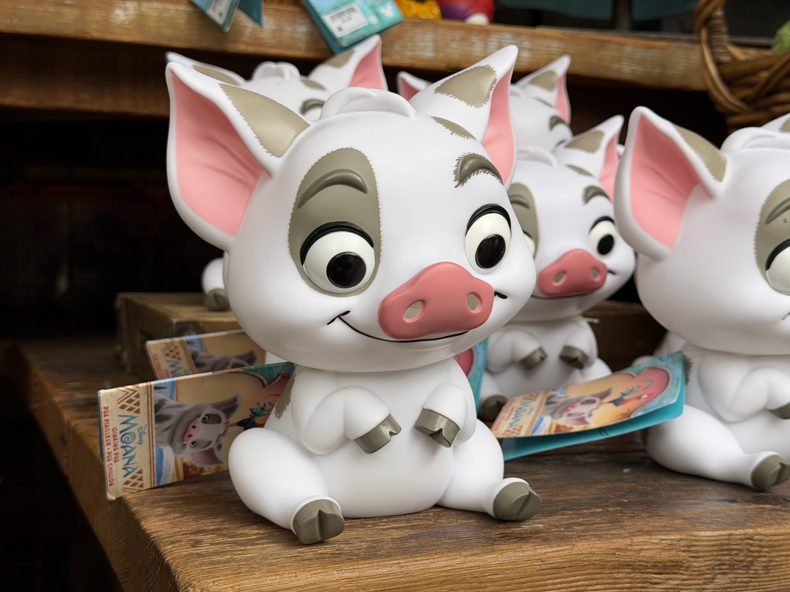 This toy of Pua, unlike the rest of the list so far, is not a plush. It shows the rubberized pig sitting with his front legs raised and a huge smile on his face.