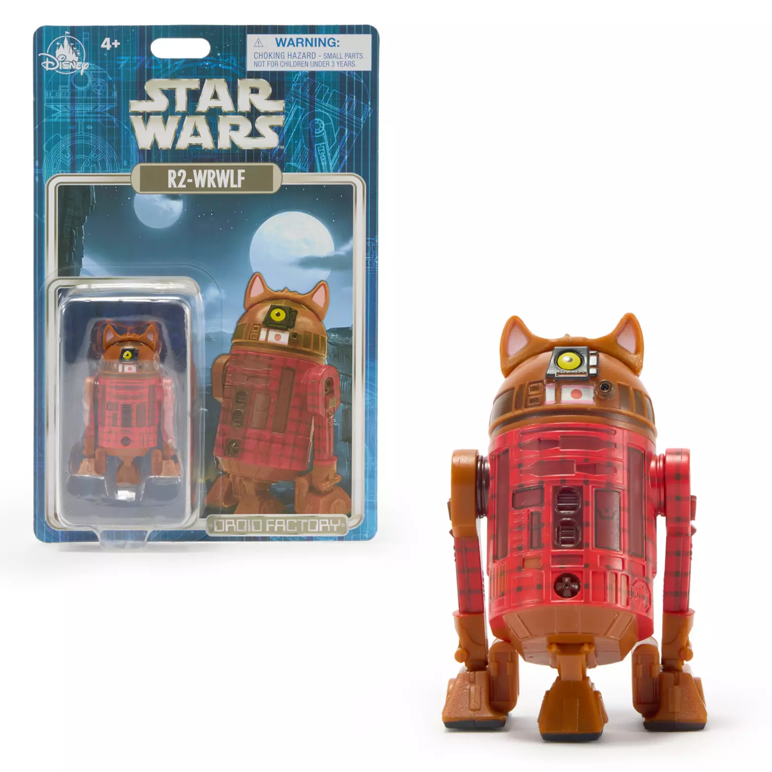 This droid has a werewolf costume on, complete with ears over its head casing. Called an R2-WRWLF, the droid is mostly brown with red plaid detailing over its body to look like it is wearing a shirt. Even its wheels are brown to give it a more werewolf-y look.