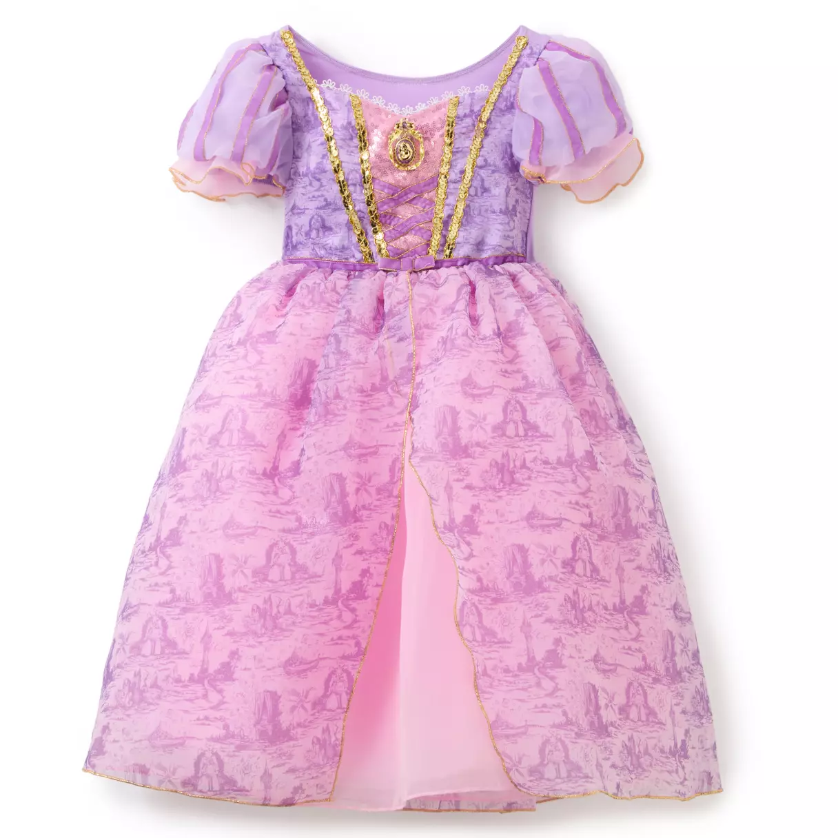 Purple and pink, in homage to Rapunzel, this dress-up costume dress is themed after her. The skirt and bodice both have a Tangled-themed location pattern on them, the skirt in pink and the bodice in purple. The sleeves are puffy cap sleeves with purple vertical lines. The bodice has a faux-corset style detail with a gold applique portrait of Rapunzel's face.