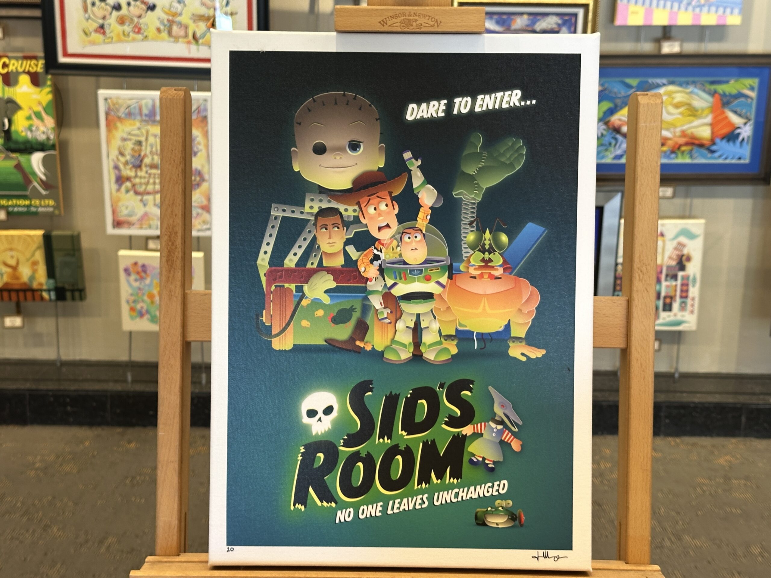 Similar to the art above, this is also in Maruyama's style. It features characters from Sid's room like Babyface and Janie along with Buzz Lightyear and Woody. At the top reads "Dare to enter..." and at the bottom says "Sid's Room no one leaves unchanged."