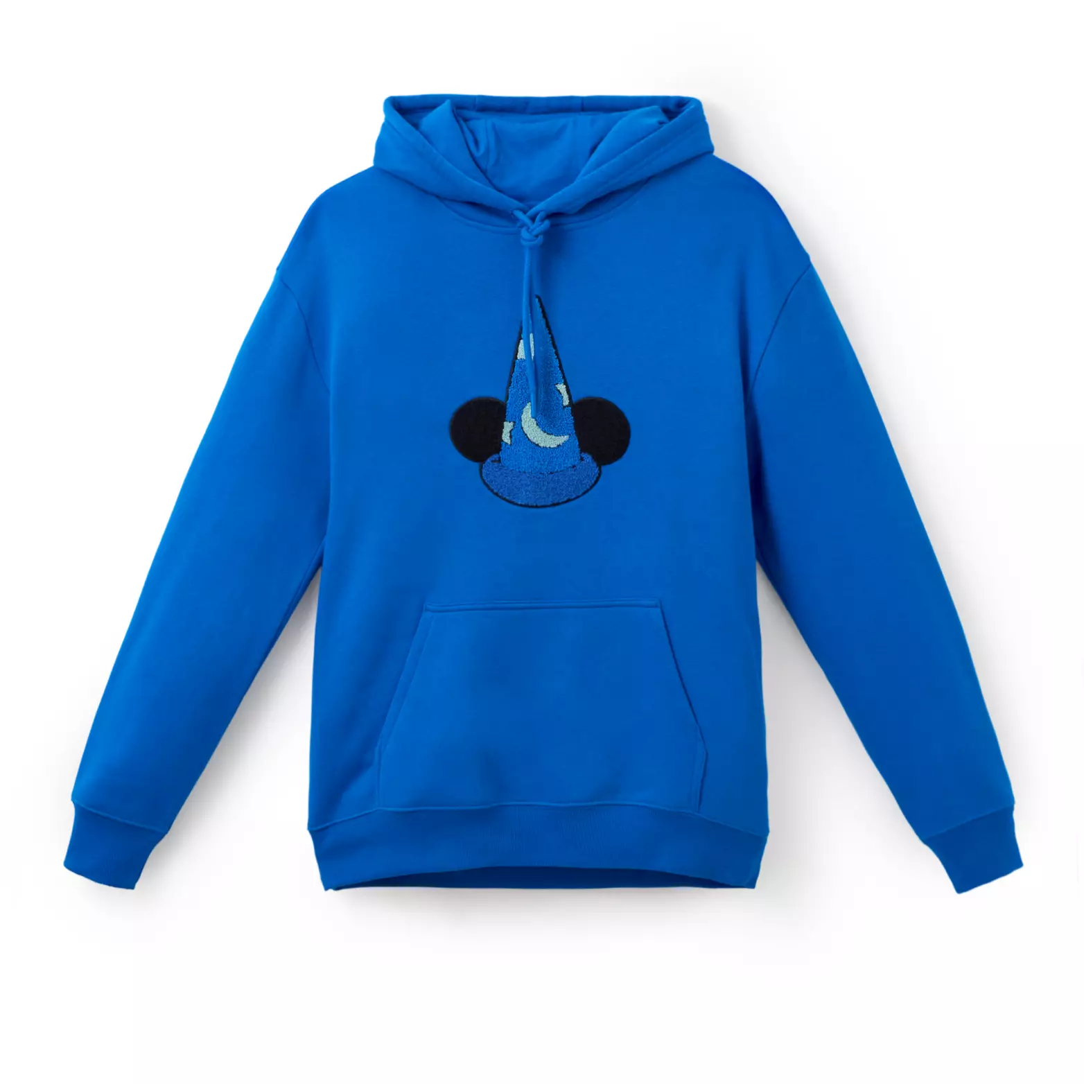 In royal blue, this pullover hooded sweatshirt has a kangaroo pocket in the front and a fuzzy Sorcerer Mickey patch on the center chest. The Sorcerer Mickey hat has fuzzy detailing that shows the mouse ears as well as the crescent moon and white stars on the hat itself.