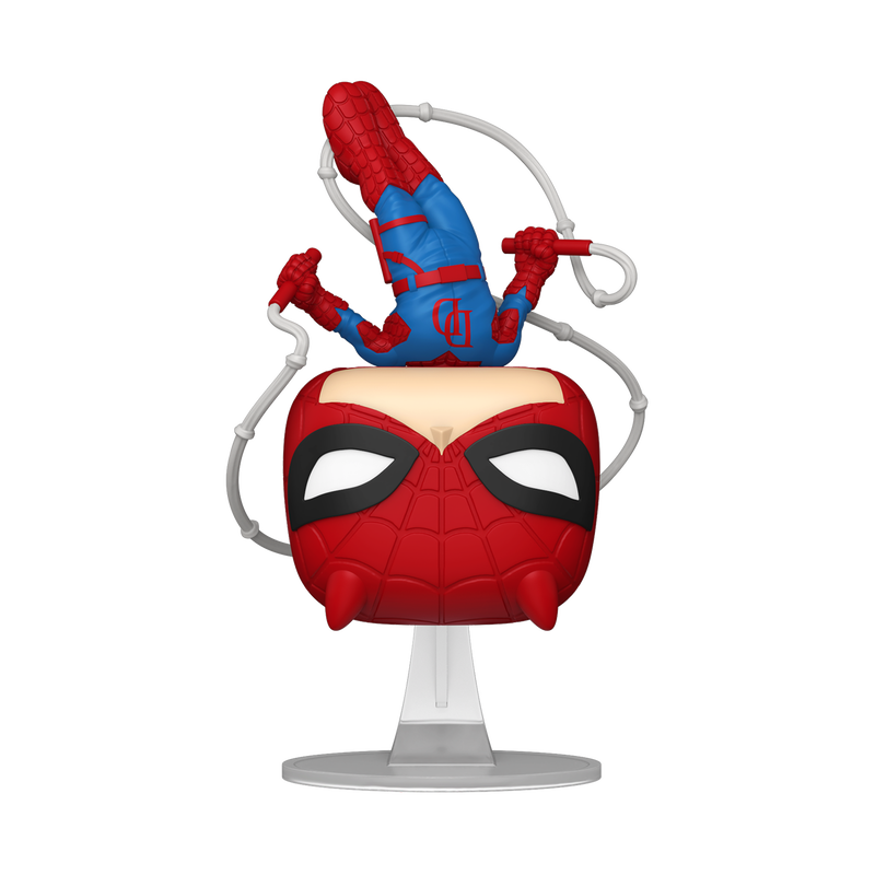 The Daredevil Funko also has a stand showing the superhero upside down. He is wearing a Daredevil-themed Spider-Man suit and holding a corded jump rope.
