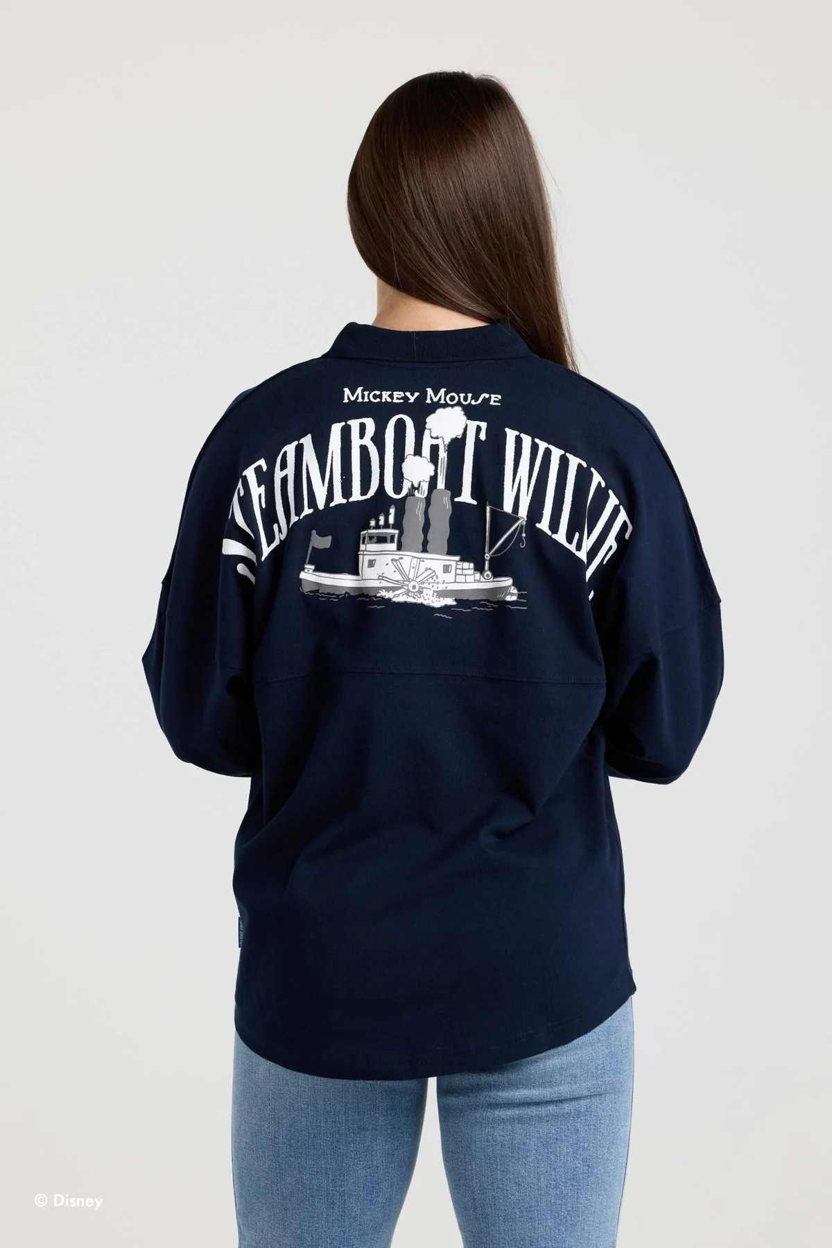 The back of the Spirit Jersey shows "Mickey Mouse" and "Steamboat Willie" in white text. Steamboat Willie's steamboat (which does not have a name) is shown below the text.