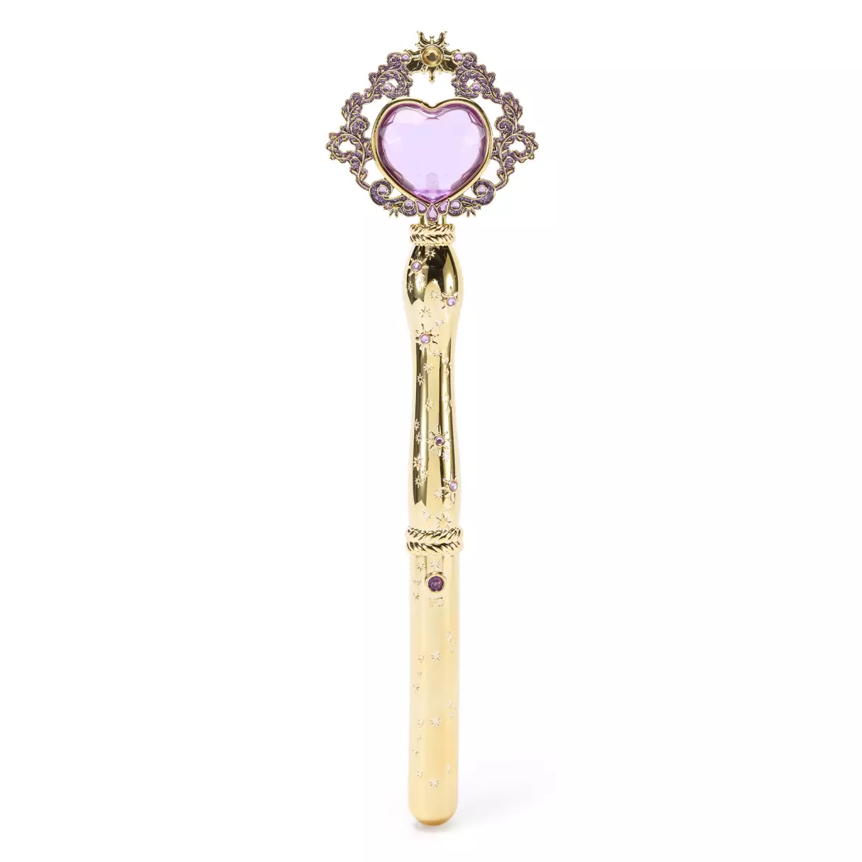 In the same style as the Elsa and Anna wands we wrote about the other day, this plastic light-up and sound wand is gold-toned with filigree and stars throughout the handle. There are also purple rhinestones decorating it.