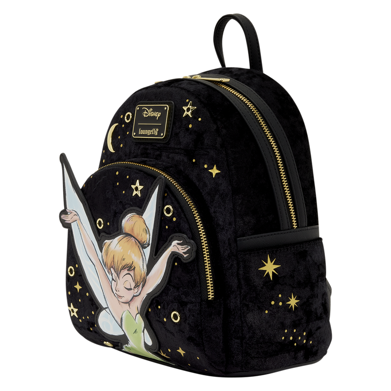 Each side pocket of the backpack features gold detailing. The right pocket shows Tink flying out of a lantern and the other shows specks of pixie dust and two stars.