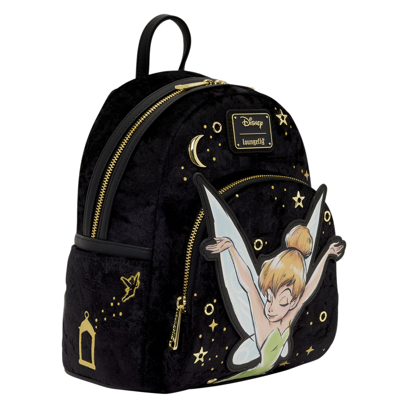 Each side pocket of the backpack features gold detailing. The right pocket shows Tink flying out of a lantern and the other shows specks of pixie dust and two stars.