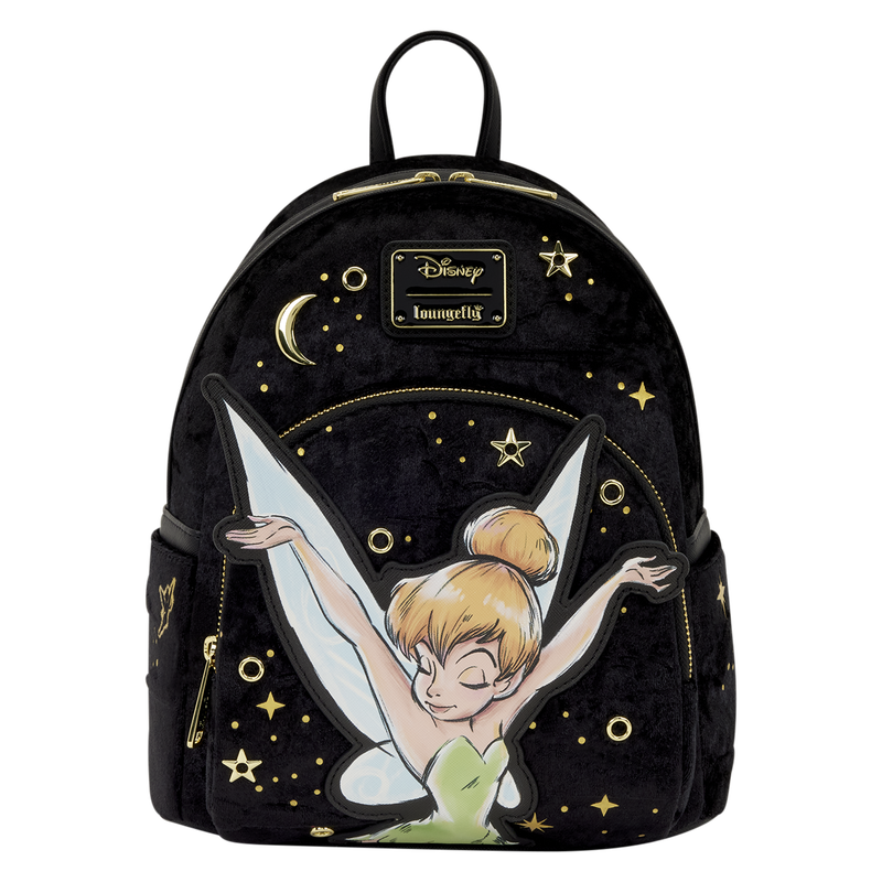 This black velvet backpack is covered in gold appliques of stars, pixie dust, and a moon. A large colorful applique of Tinker Bell in sketch form appears on the outermost pocket on the front of the backpack.