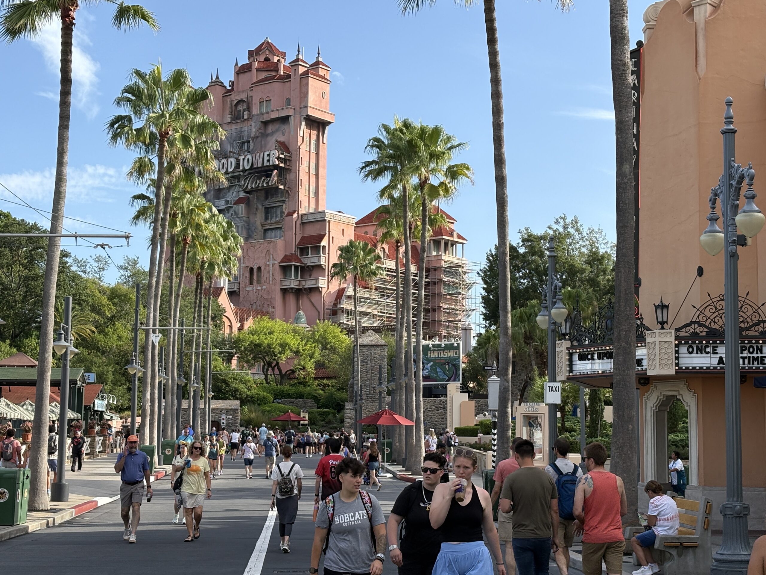 Since our last update on July 7, the scaffolding at Tower of Terror has continued to expand forward. It is now more visible from the front as it creeps along the edge of the building.