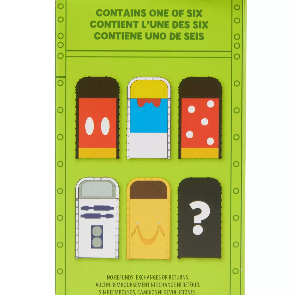 The mystery trash can figures feature designs inspired by various Disney characters, including Mickey, Minnie, Donald, Belle, and R2-D2.