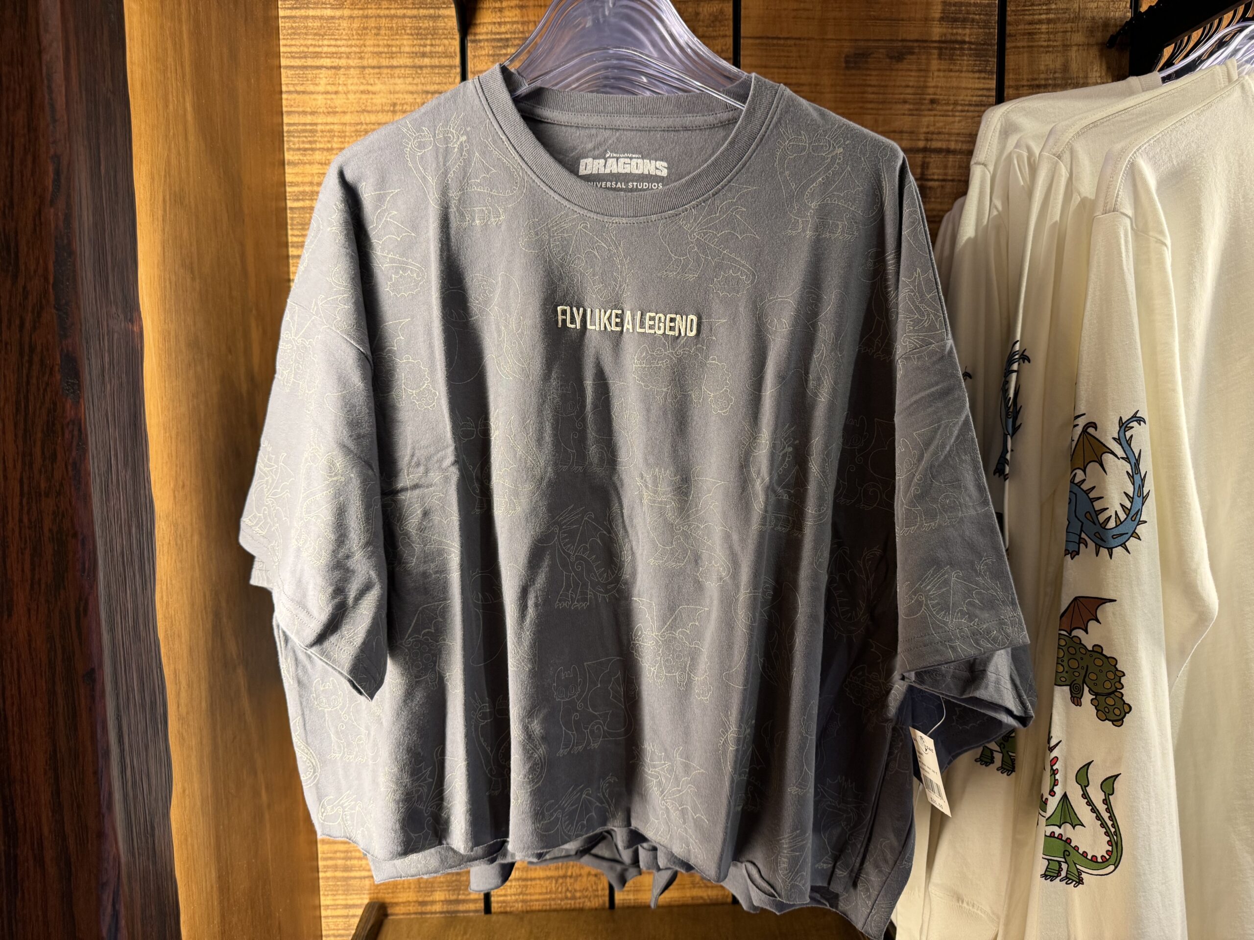 The dark gray cropped tee has sketches of various dragons all over the front and back. "Fly like a legend" is embroidered in the center.