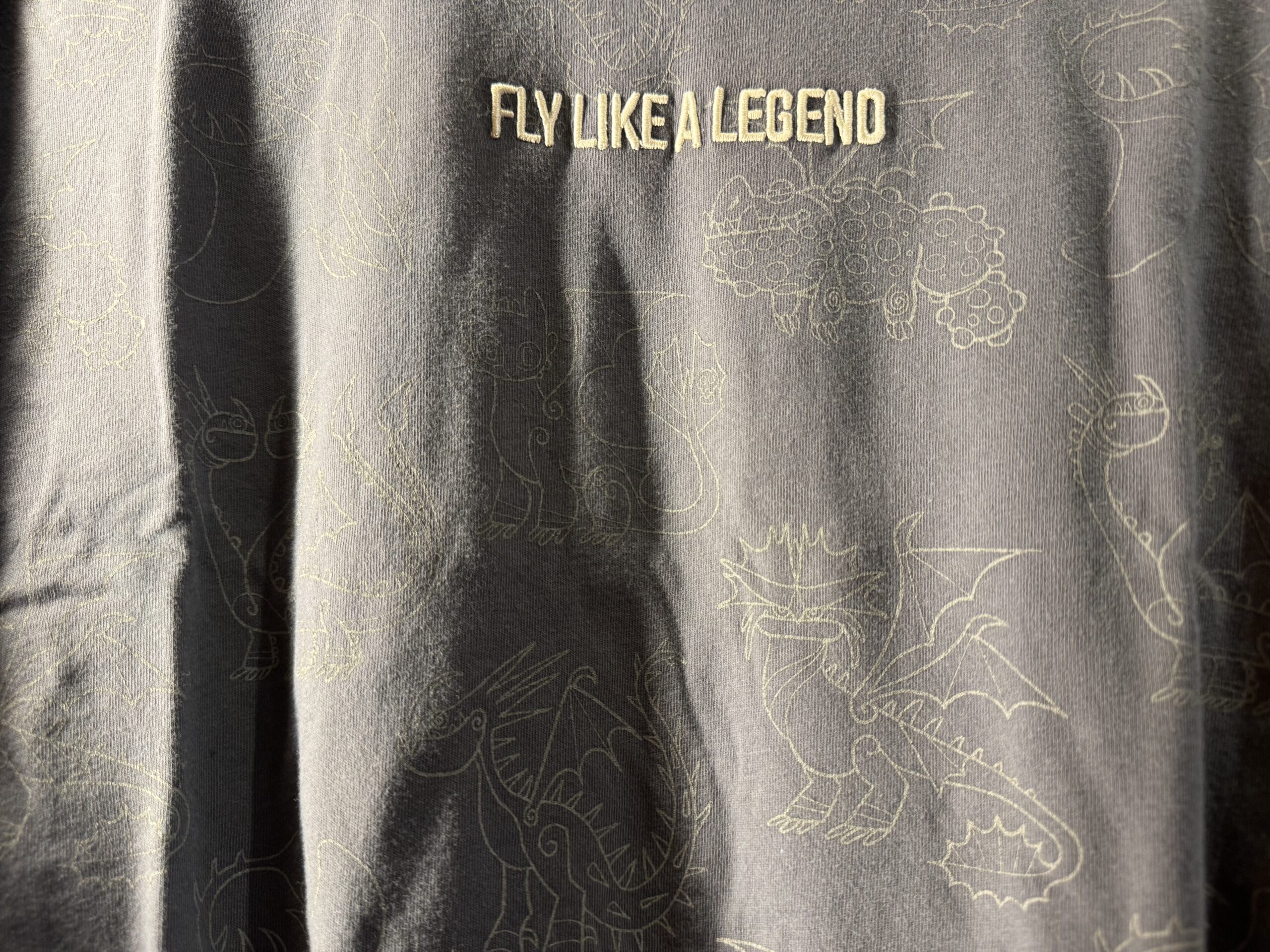 The dark gray cropped tee has sketches of various dragons all over the front and back. "Fly like a legend" is embroidered in the center.