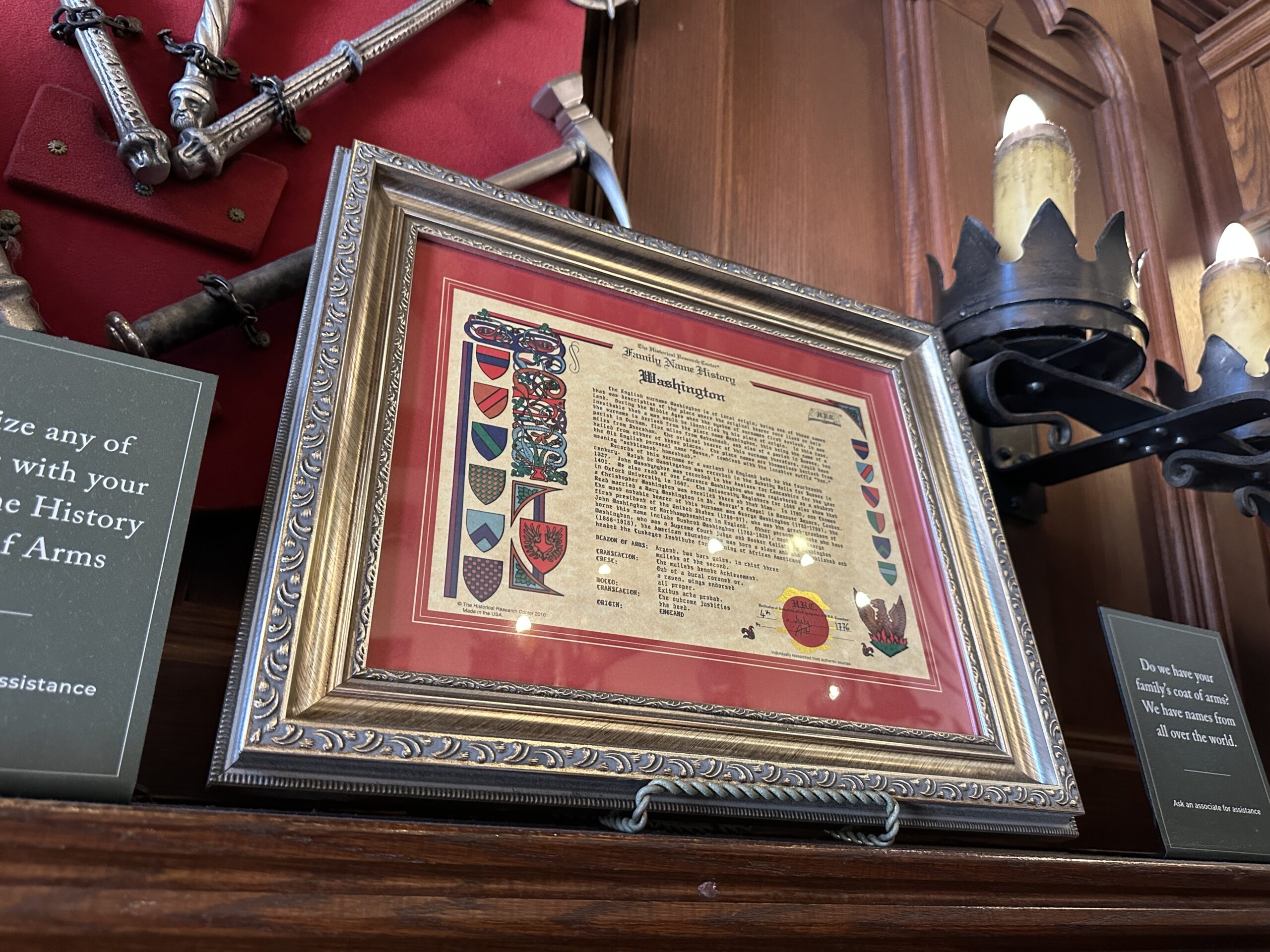 Washington, a reference to the first president of the United States, George Washington, is not represented with a single crest. Instead, there is a whole family name history framed on display. In addition to being the first president, Washington was also a Founding Father and a commander of the Continental Army.