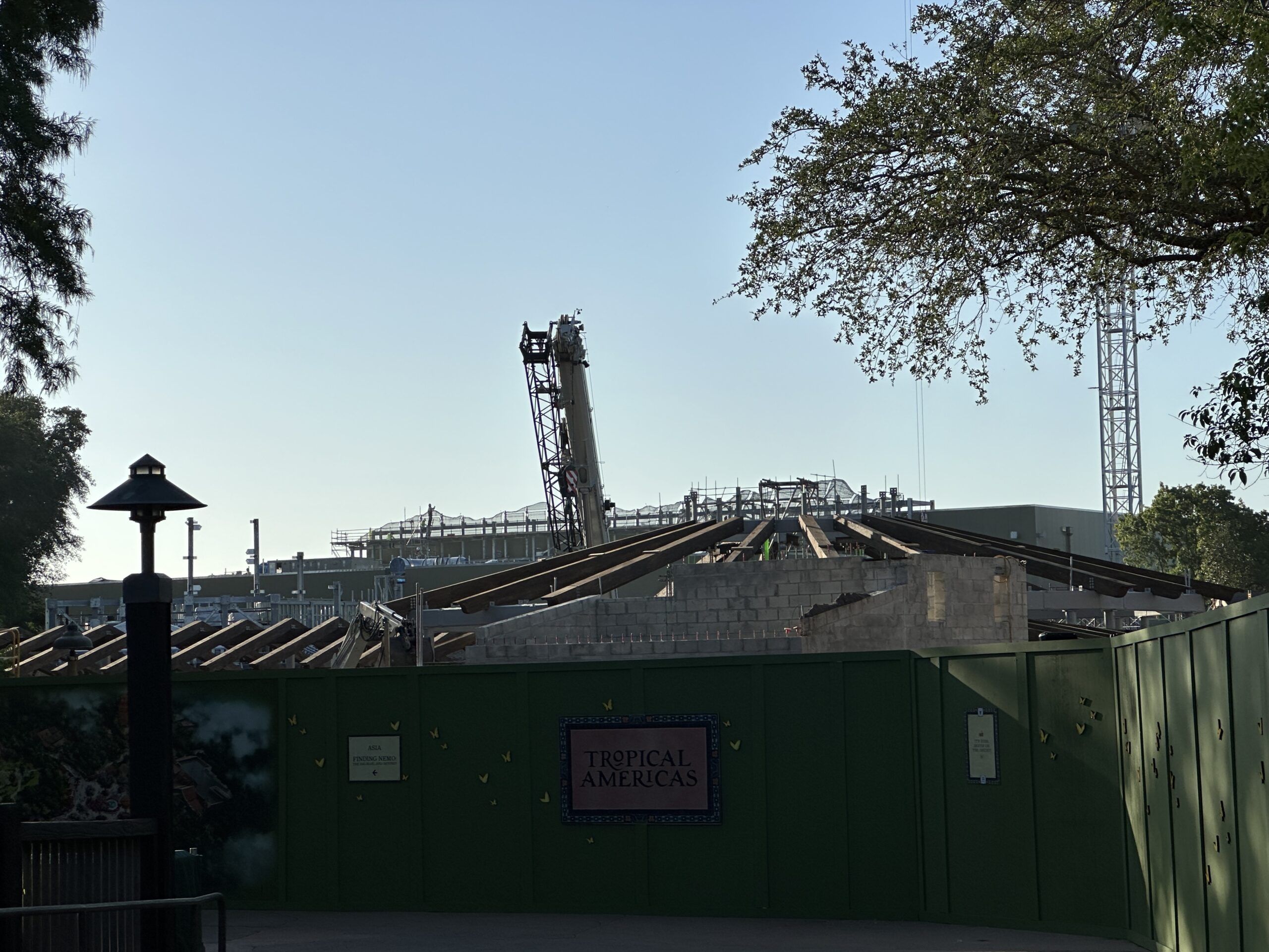 Crews began creating the mountain range just over a week ago. Sitting atop the Encanto ride building, the skeletal framework for this mountain section is now fully defined, although its rocky exterior still needs to be added. The shape of the rockwork is made from metal mesh.
