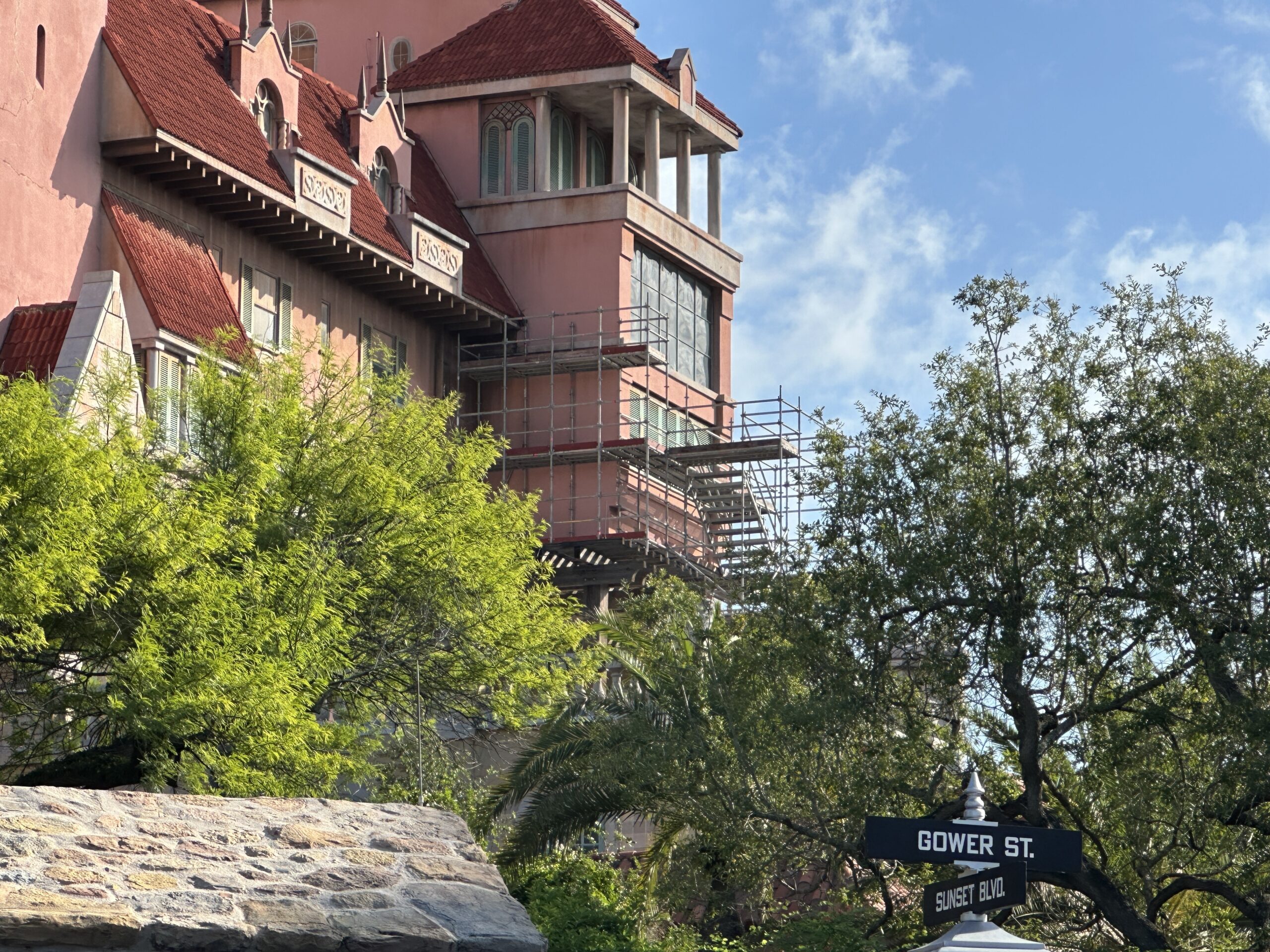 Scaffolding is up on the side of The Twilight Zone Tower of Terror at Disney's Hollywood Studios as refurbishment work continues outside the attraction.