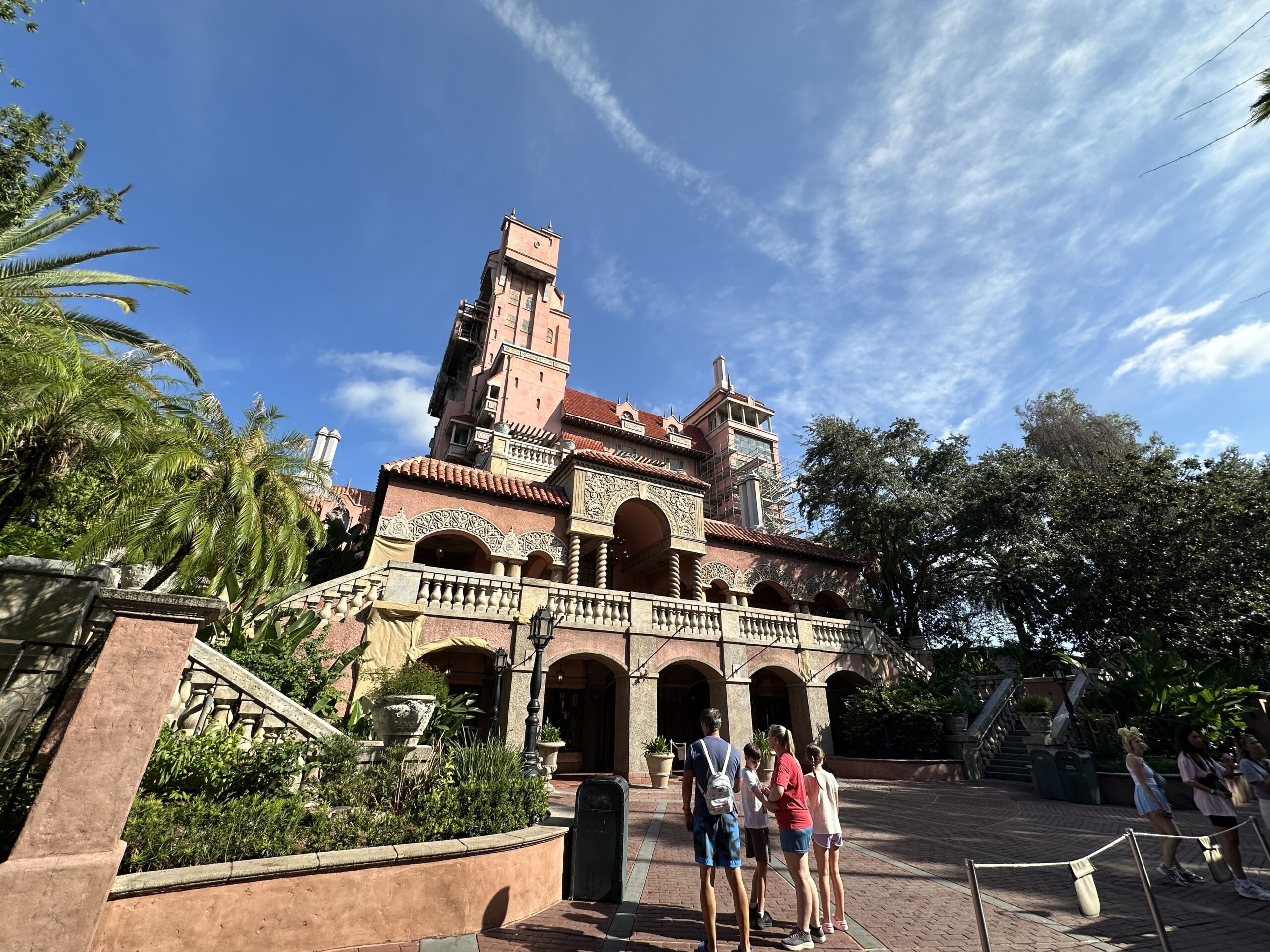 Scaffolding is up on the side of The Twilight Zone Tower of Terror at Disney's Hollywood Studios as refurbishment work continues outside the attraction.