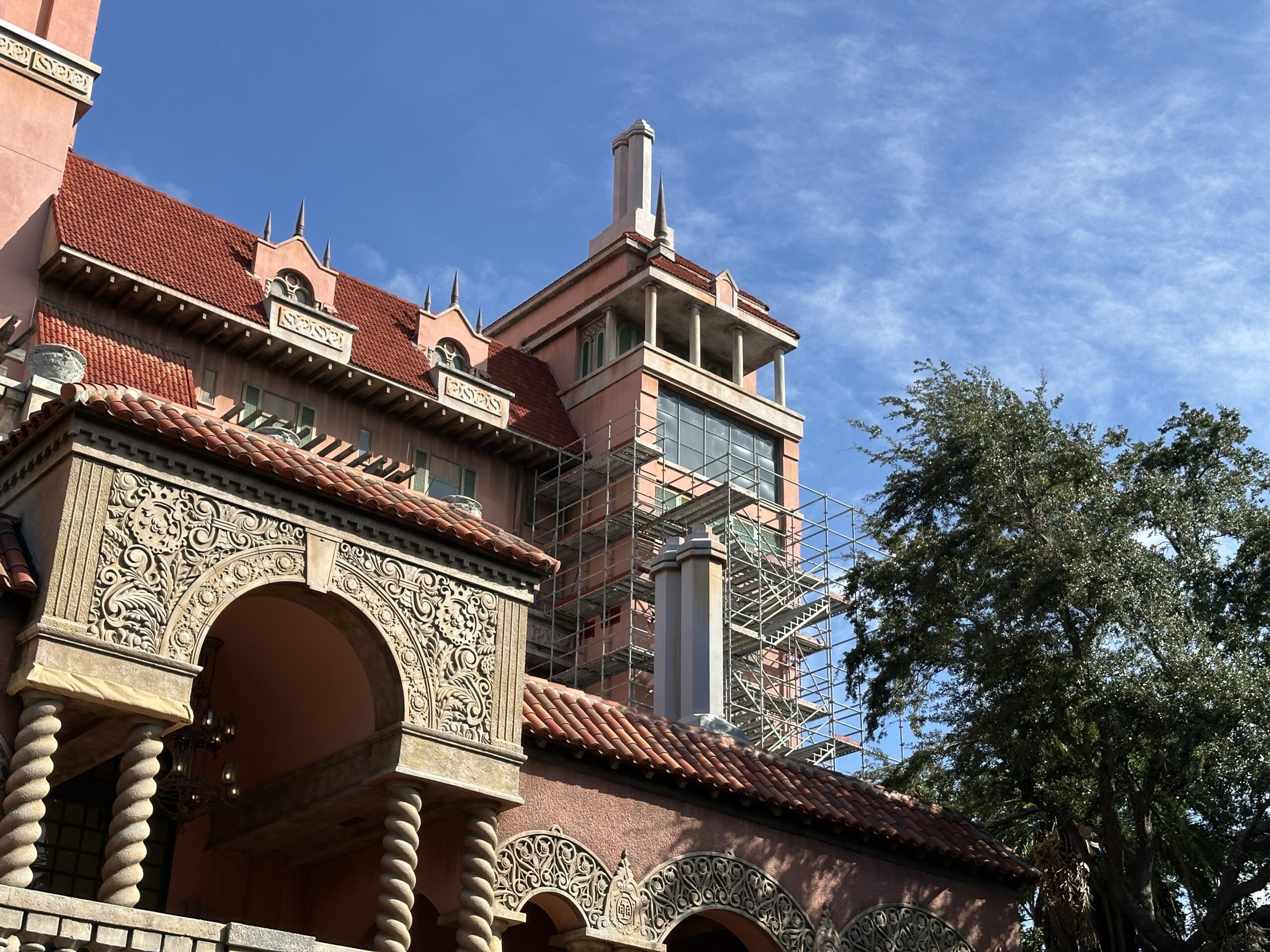 Scaffolding is up on the side of The Twilight Zone Tower of Terror at Disney's Hollywood Studios as refurbishment work continues outside the attraction.