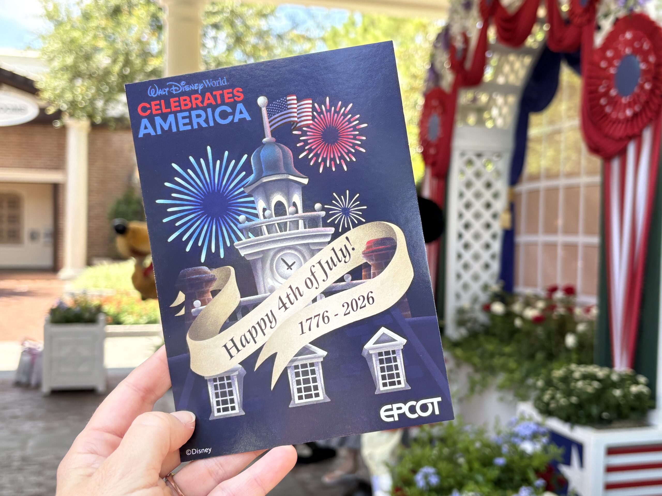 Mickey and Friends are appearing at The American Adventure in EPCOT in special costumes for the Fourth of July. This year is America's 250th birthday.