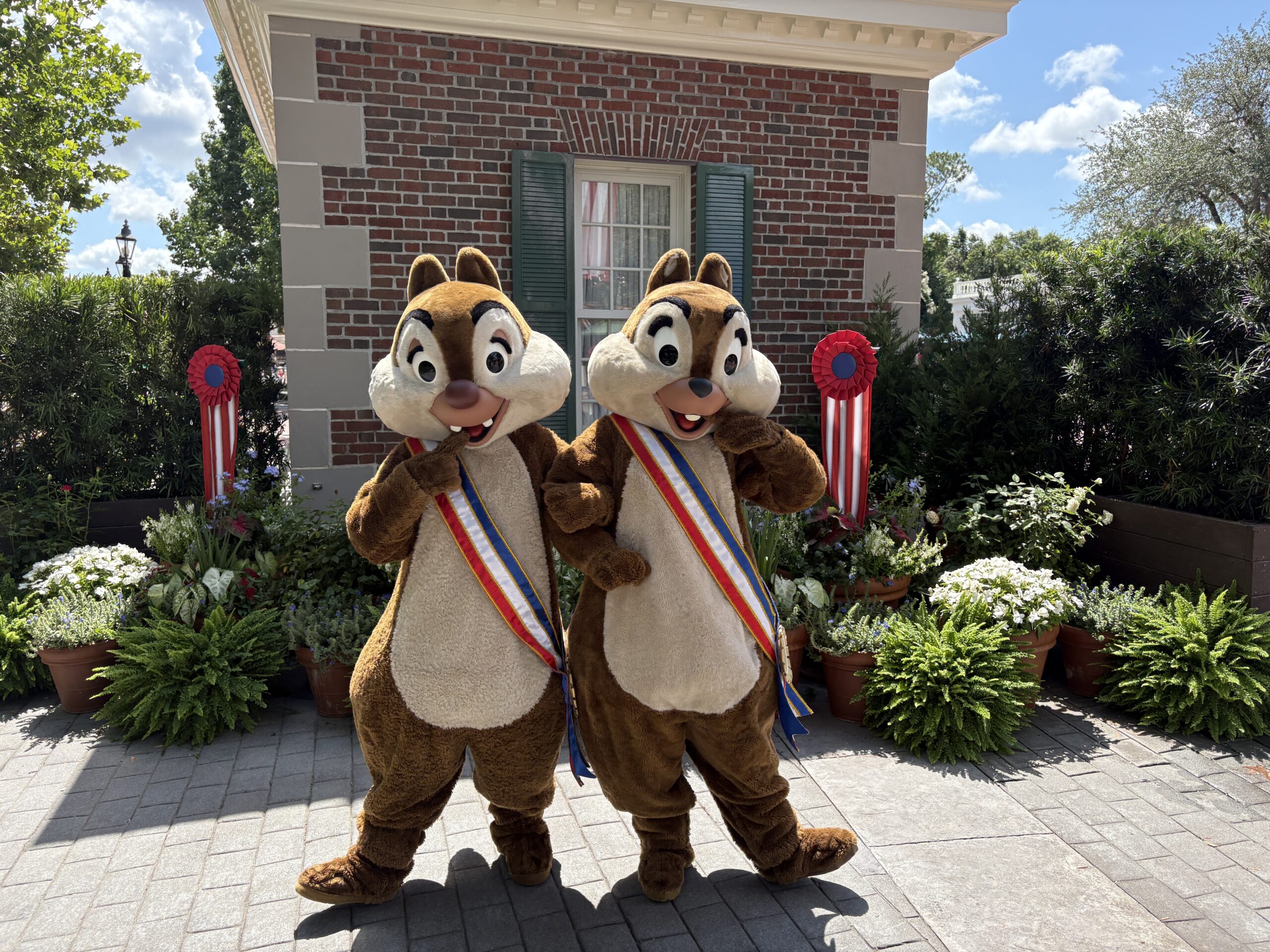 Mickey and Friends are appearing at The American Adventure in EPCOT in special costumes for the Fourth of July. This year is America's 250th birthday.