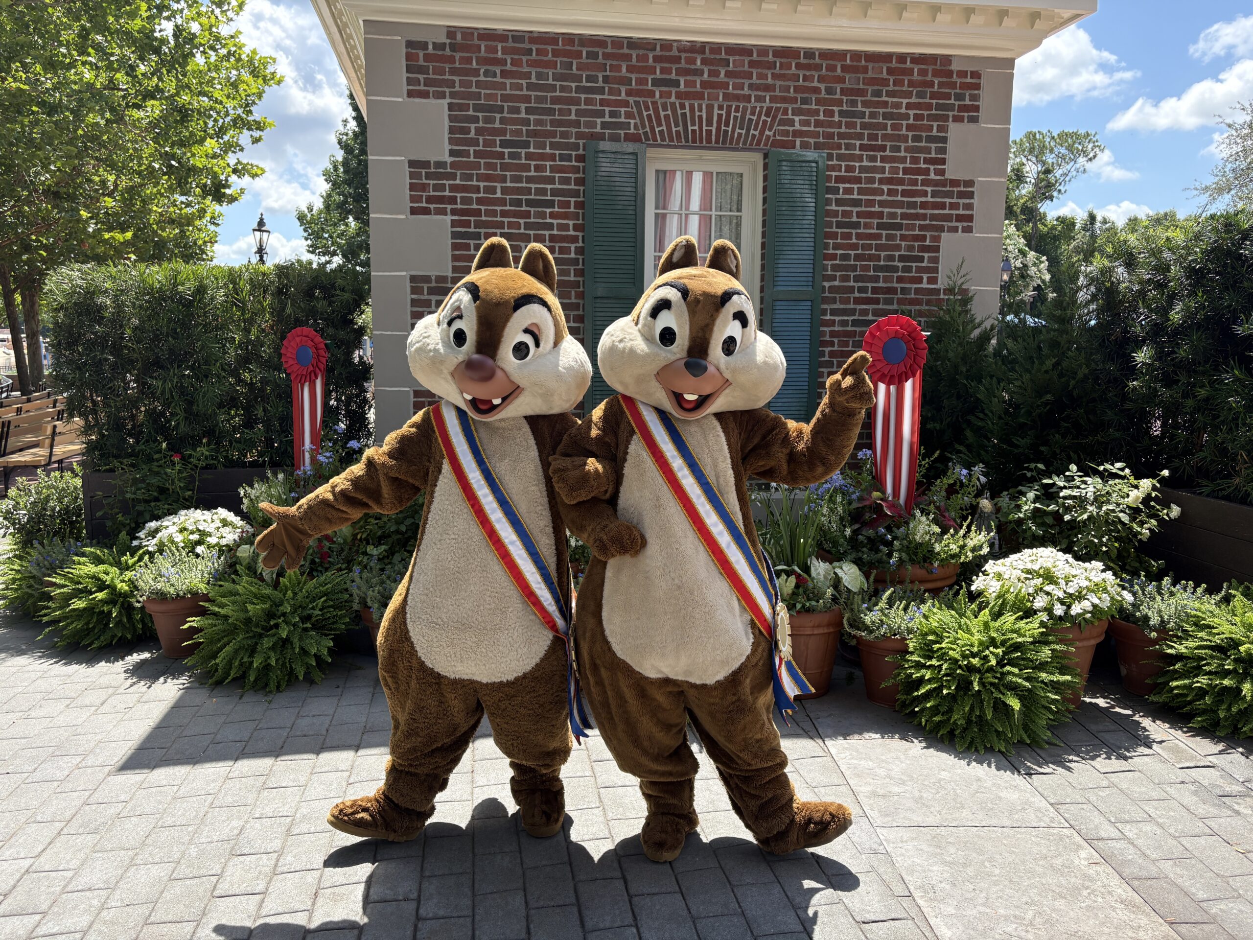 Mickey and Friends are appearing at The American Adventure in EPCOT in special costumes for the Fourth of July. This year is America's 250th birthday.