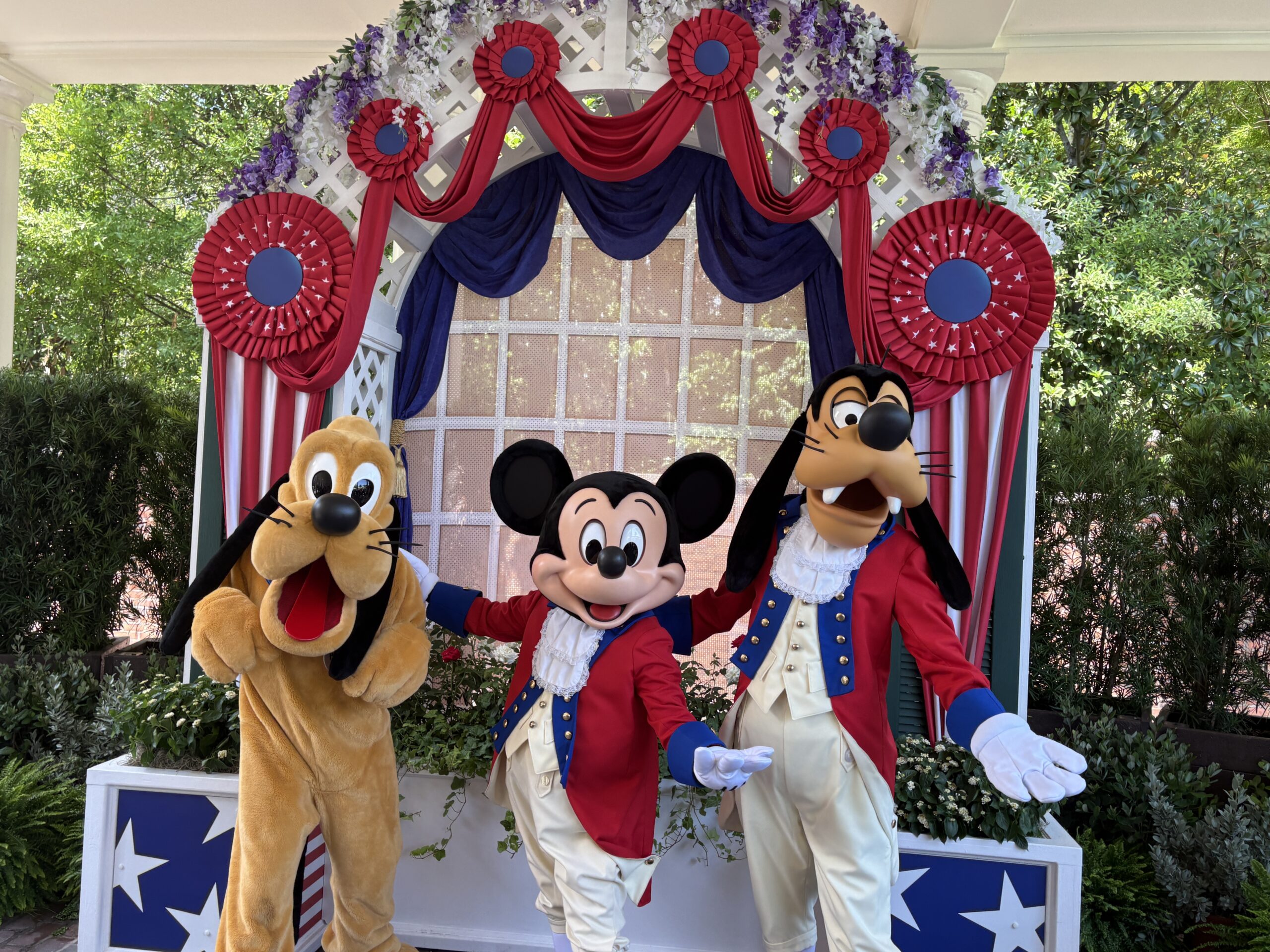 Mickey and Friends are appearing at The American Adventure in EPCOT in special costumes for the Fourth of July. This year is America's 250th birthday.
