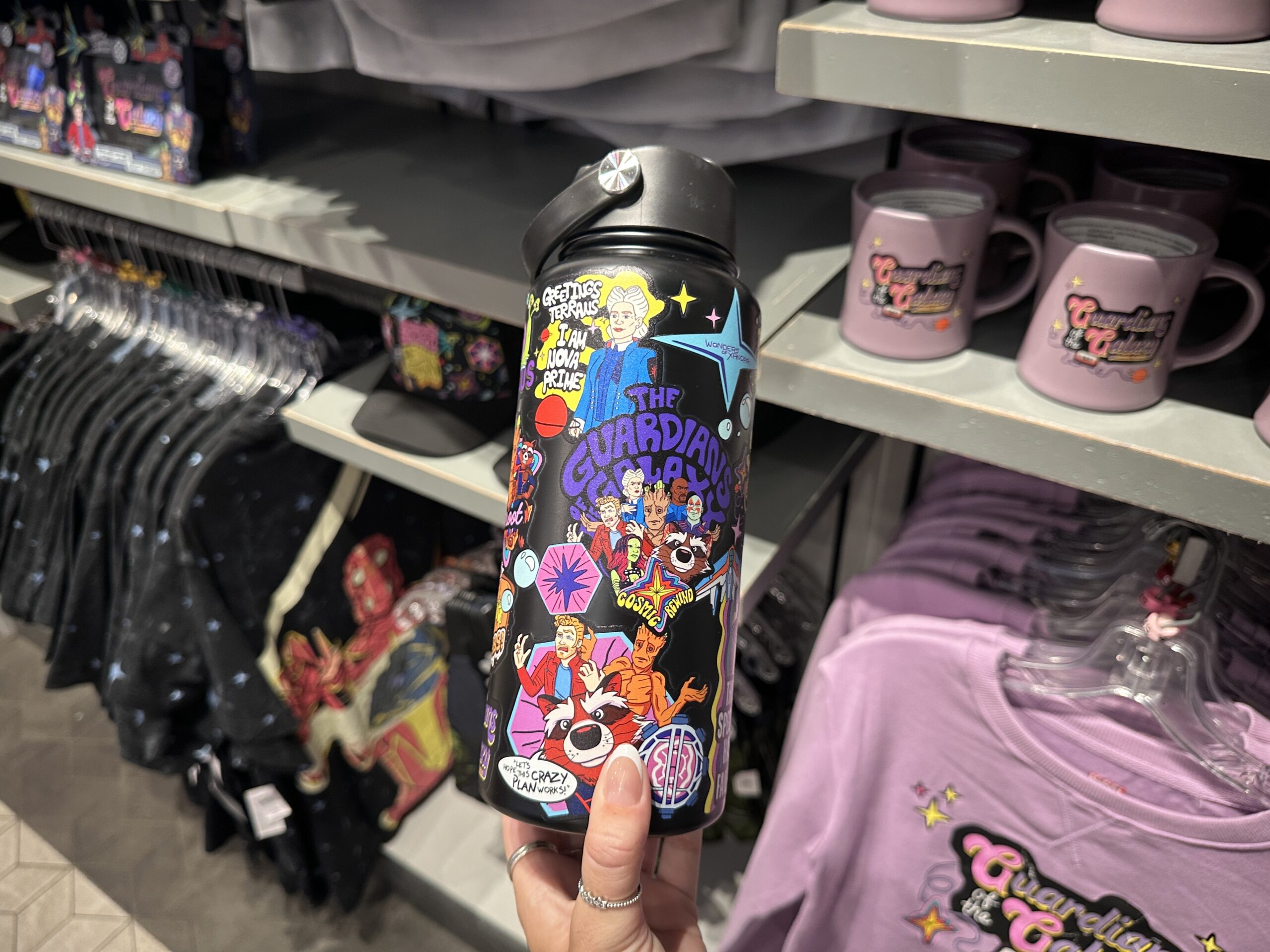 Some characters are paired with quotes like "I am Groot" and "Greetings, Terrans, I am Nova Prime." The same toast and Cosmic Generator art from the backpack is included, as is the group artwork from the hoodie.