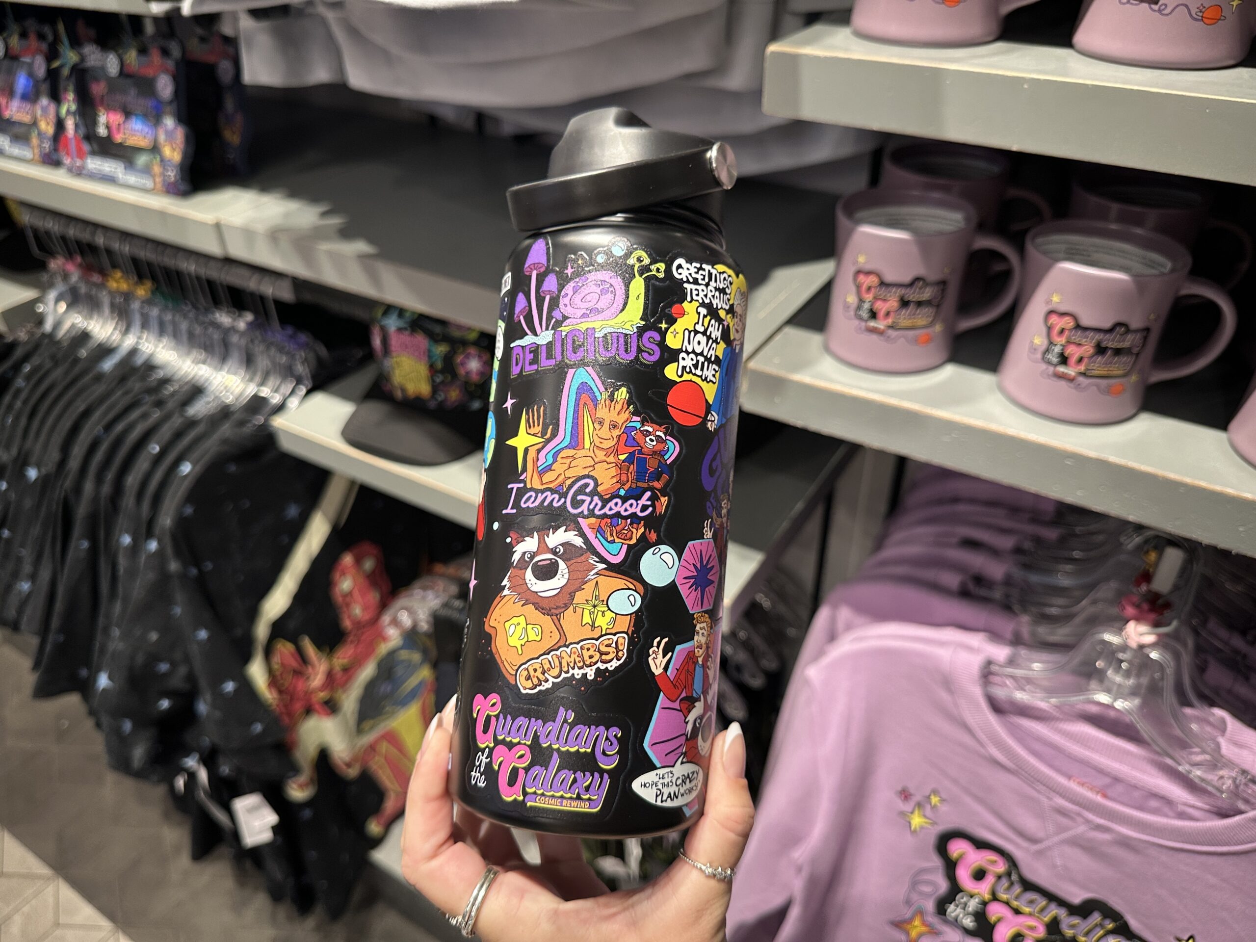 Some characters are paired with quotes like "I am Groot" and "Greetings, Terrans, I am Nova Prime." The same toast and Cosmic Generator art from the backpack is included, as is the group artwork from the hoodie.