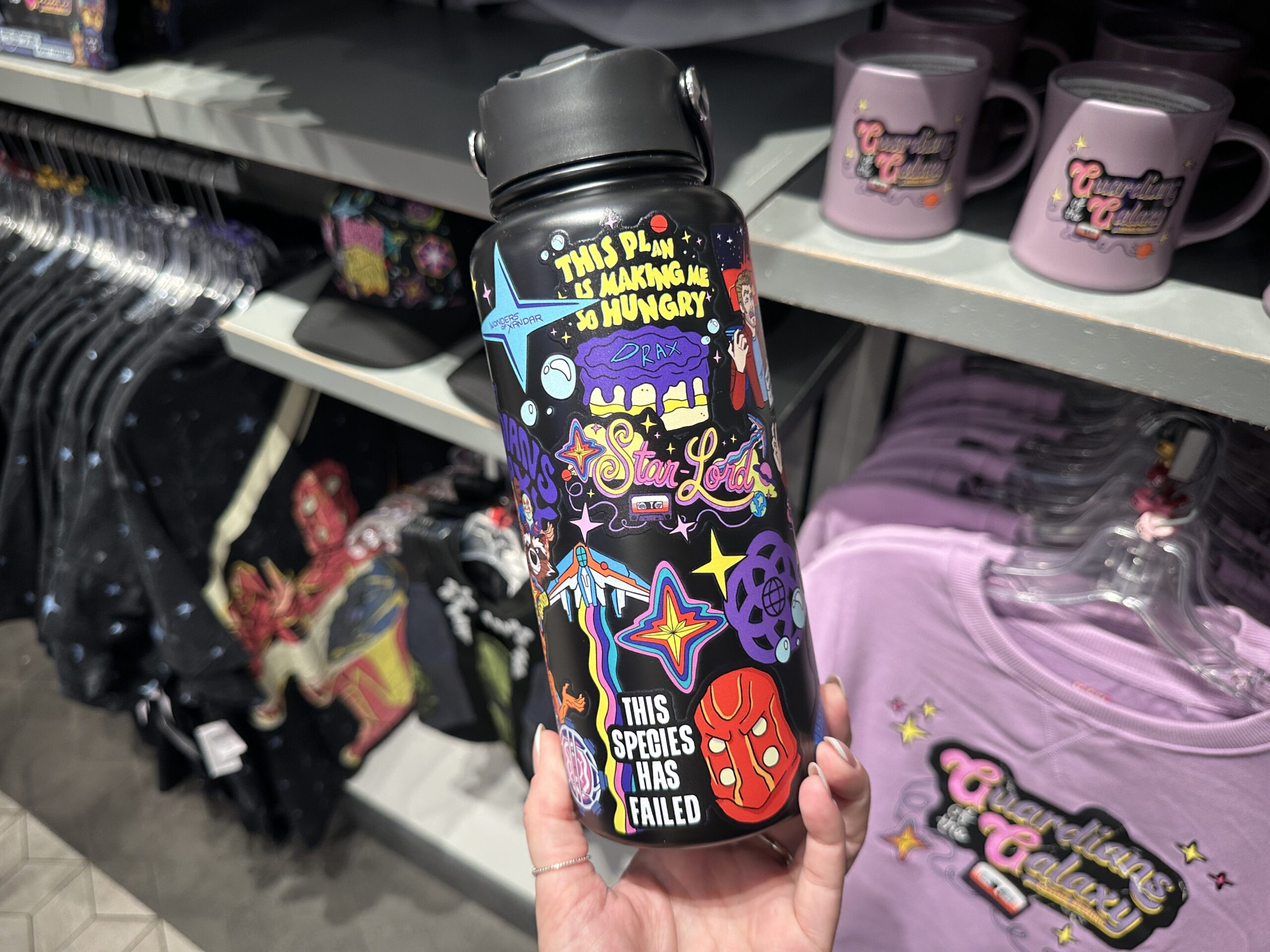 This black bottle is covered in "stickers" with the same Scooby Doo-esque art style. They feature the Guardians, Nova Prime, Tal Marik, and other iconography from the attraction.