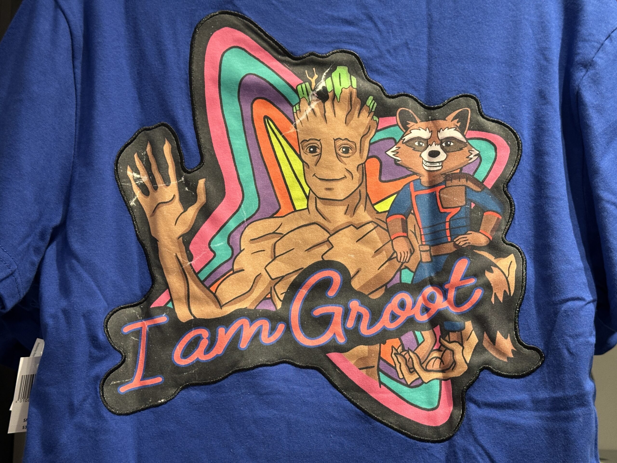 On the back is a rainbow Nova Corps logo behind images of Groot and Rocket. "I am Groot" is in pink script across the art.