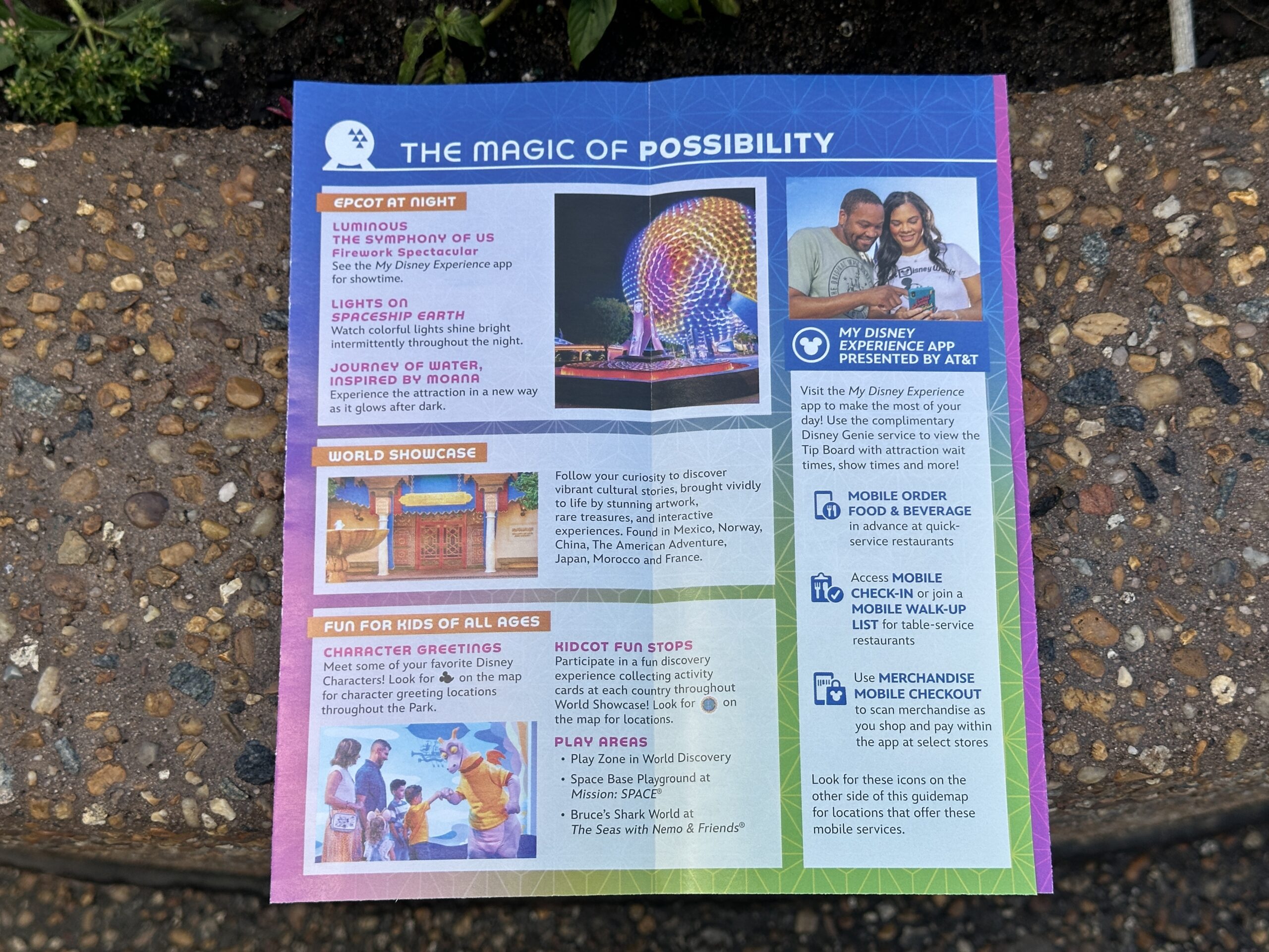 Inside the first fold is various information about EPCOT offerings. This has been rearranged and showcases different offerings than the previous version of the map. A new "EPCOT at Night" section is at the top, highlighting Luminous, lights on Spaceship Earth, and Journey of Water, Inspired by Moana.
