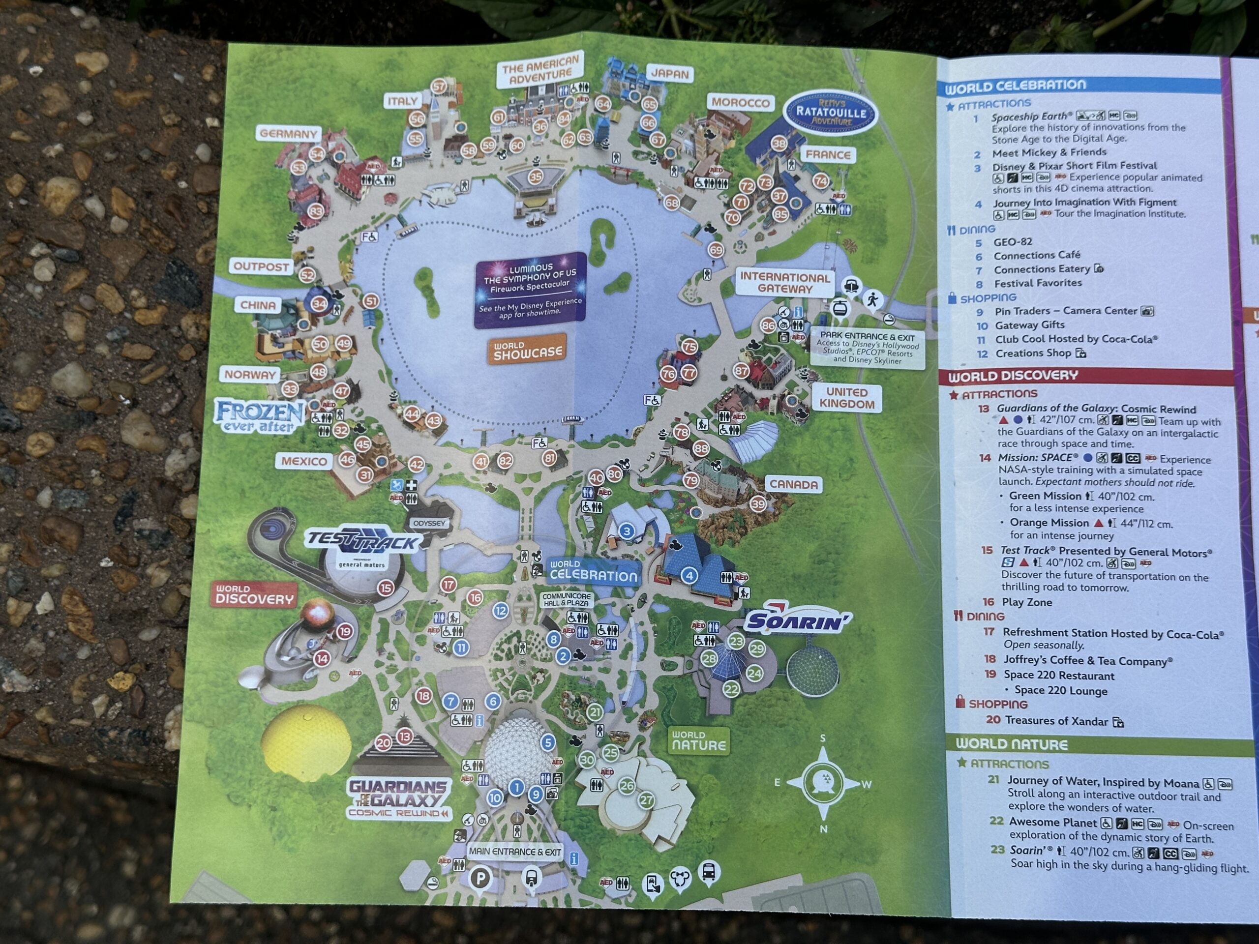 Last comes the map, key, and legend. On the map, attractions, shops, and dining options are marked with numbers in different-colored circles based on the location: World Celebration, world Discovery, World Nature, or World Showcase. Frozen Ever After, Remy's Ratatouille Adventure, Test Track, Soarin', and Guardians of the Galaxy: Cosmic Rewind all have large icons.