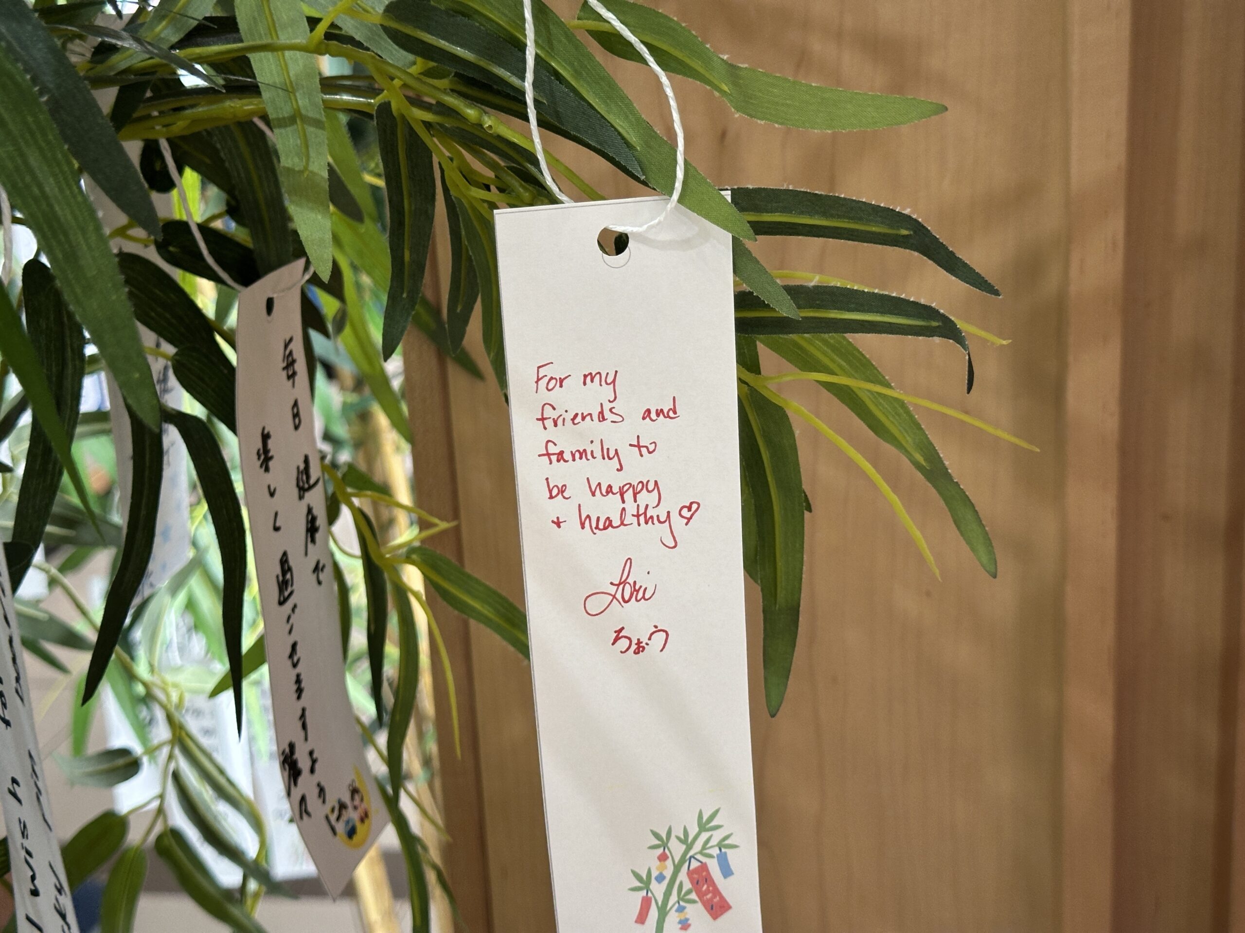The wishes are written on small slips of paper called tanzaku and hung on the bamboo trees.