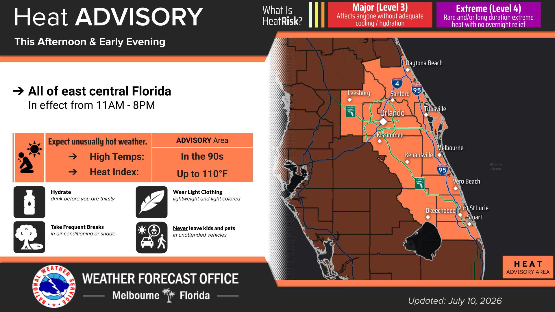 East Central Florida, including Walt Disney World Resort and Universal Orlando Resort, will be under a Heat Advisory most of Friday, July 10.