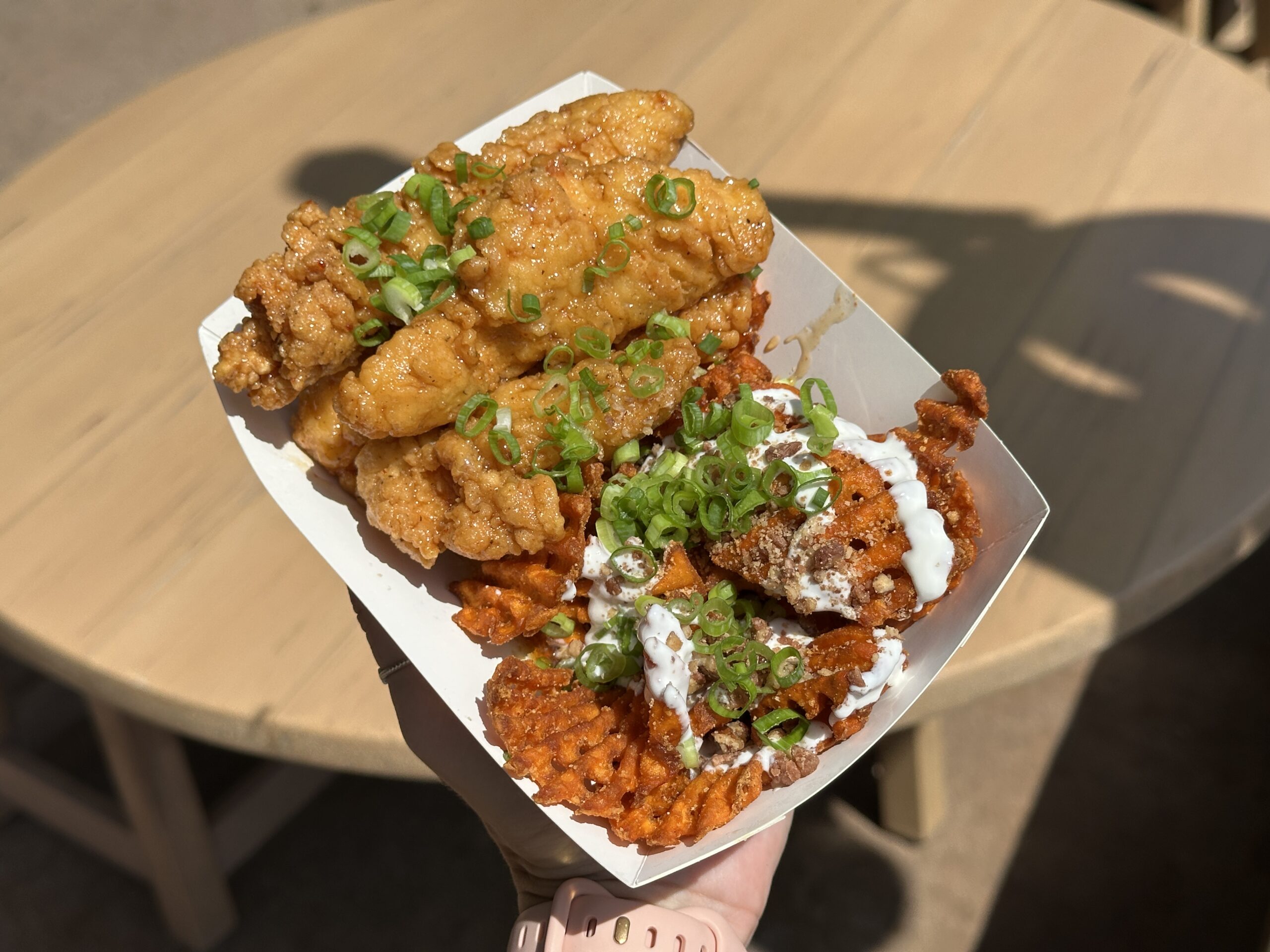 Hot Honey Chicken Strips - $12.99
Hot honey chicken strips with Marshmallow and Candied Pecan-topped Sweet Potato Waffle Fries
