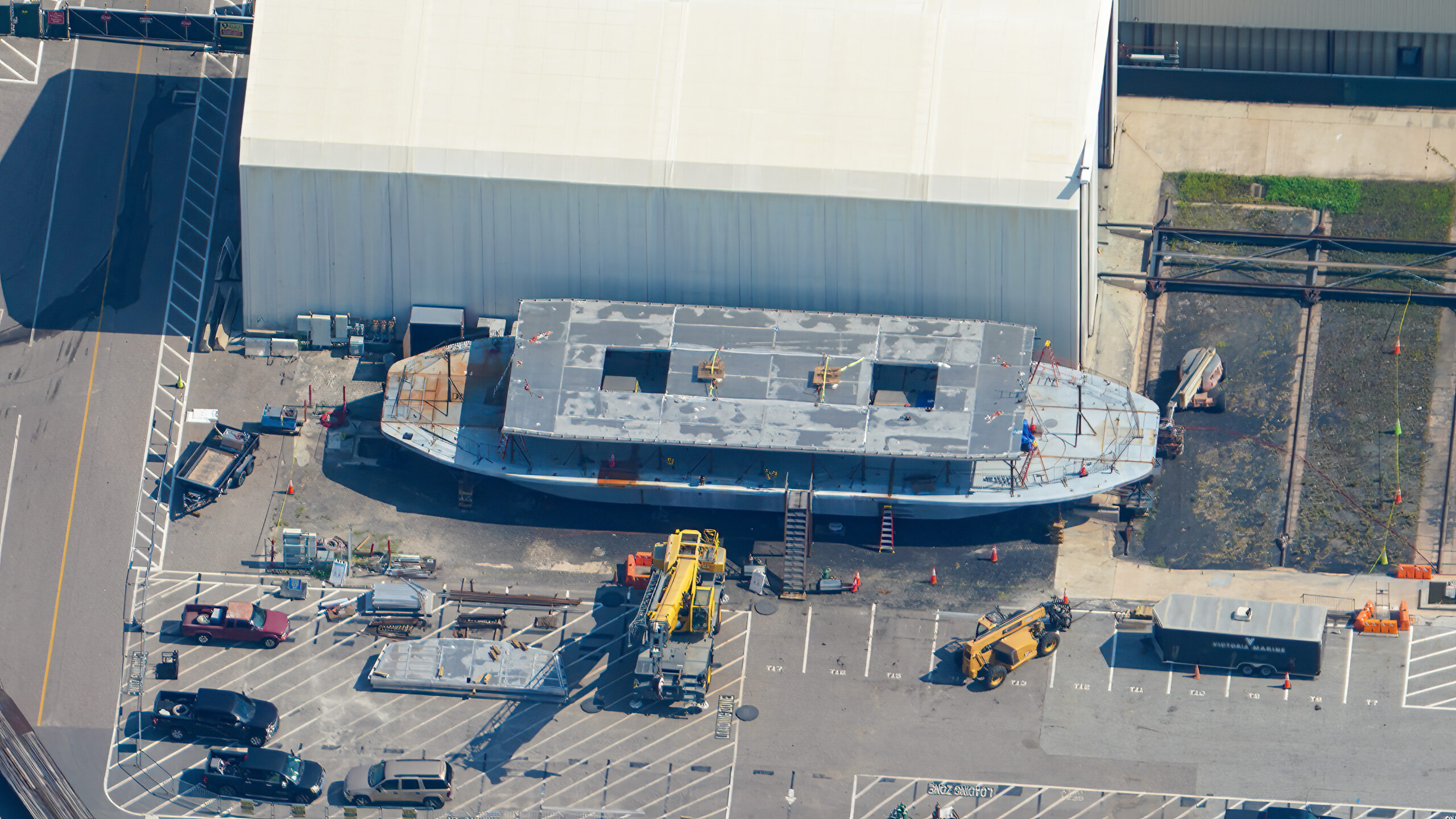 The fourth Magic Kingdom ferry, called The Meg Gilbert Crofton, is under construction, and the top deck has been added to the existing hull and first deck.