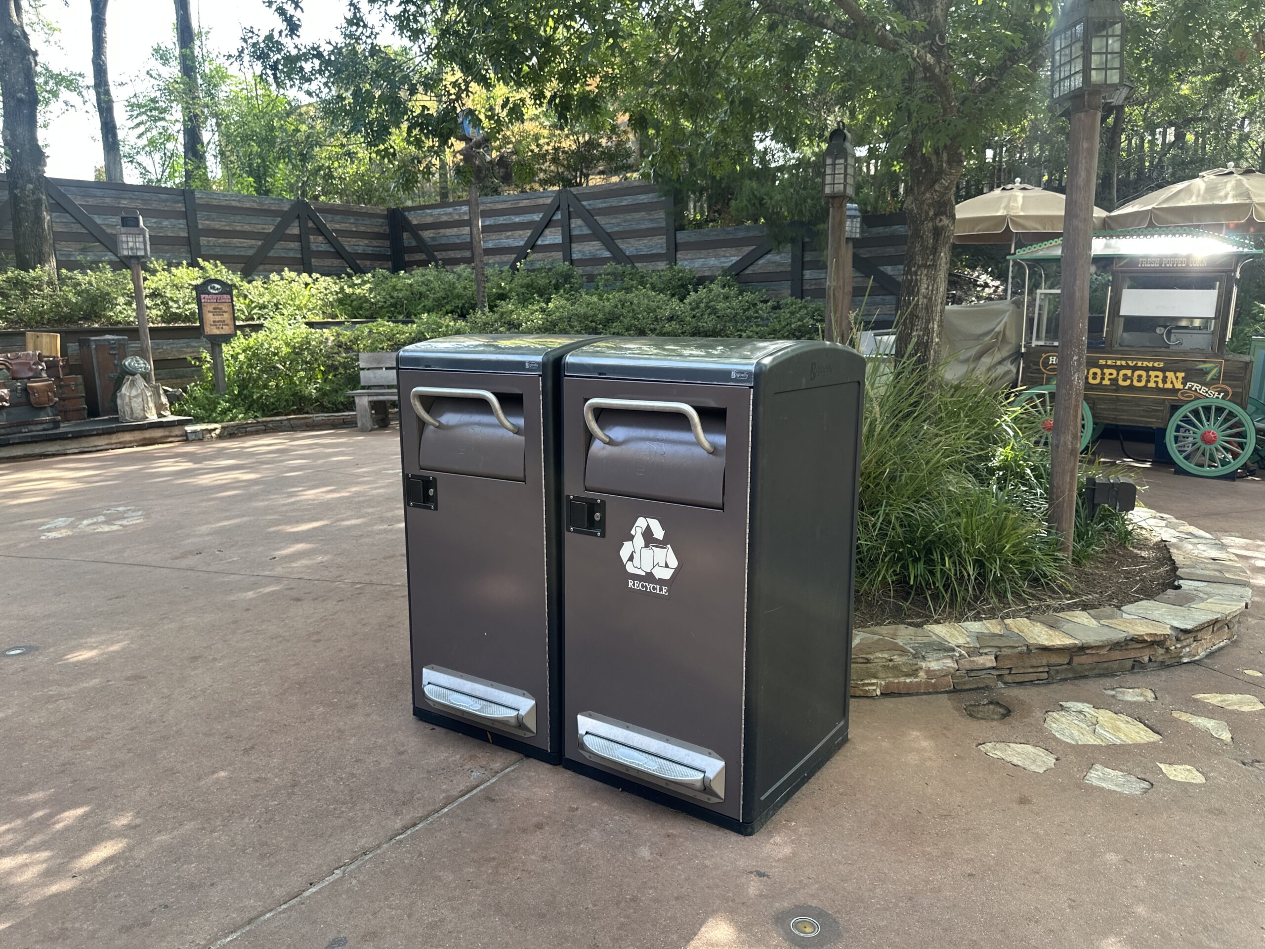 More solar-powered trash and recycling cans have been installed in the outdoor queue of Tiana's Bayou Adventure at Magic Kingdom.