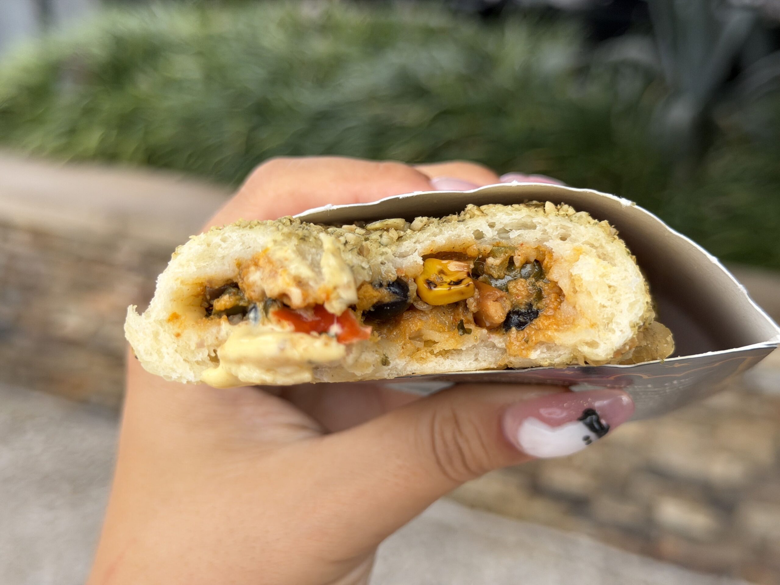 Our Spiced Roasted Sweet Potatoes, Black Bean Corn Salsa, Crushed Pepitas, and Queso Cotija in a Pumpkin Seed topped Coffyn. Pairing: Tropic of Mango Aioli Dip