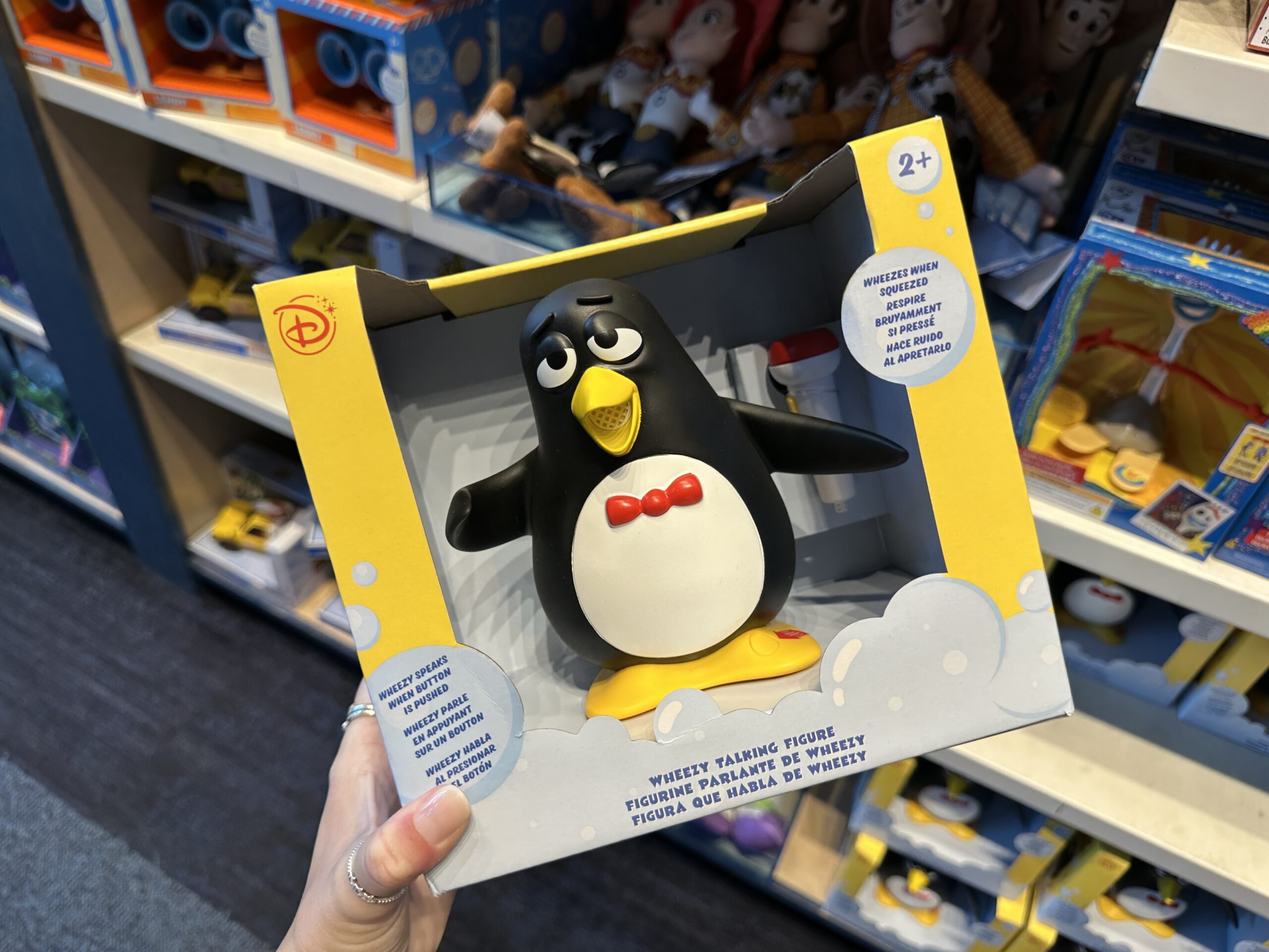 Straight out of Toy Story 2 is this figure of Wheezy the penguin. He makes a wheezing sound when squeezed and speaks when the button on his foot is pushed.