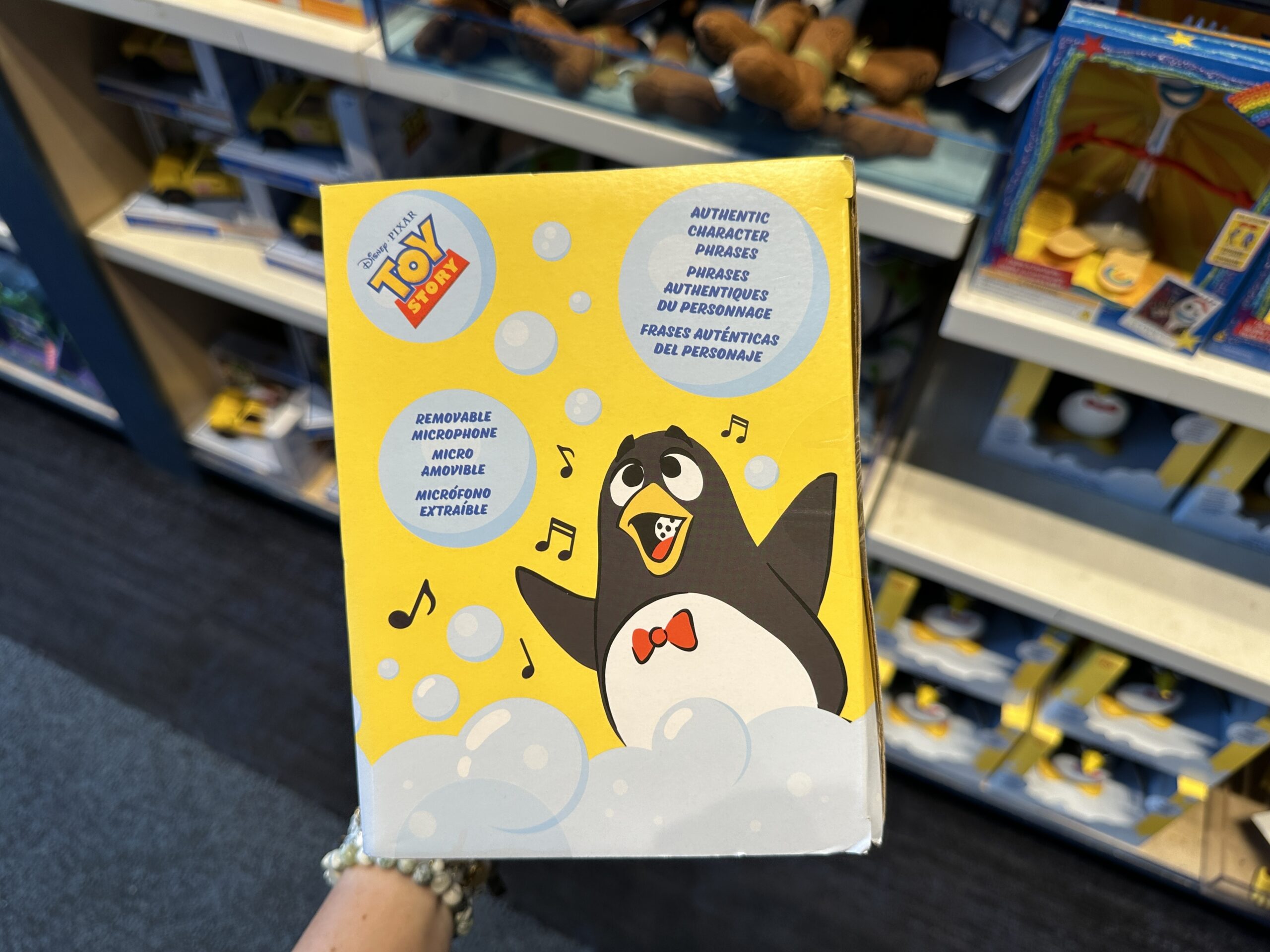 Straight out of Toy Story 2 is this figure of Wheezy the penguin. He makes a wheezing sound when squeezed and speaks when the button on his foot is pushed.