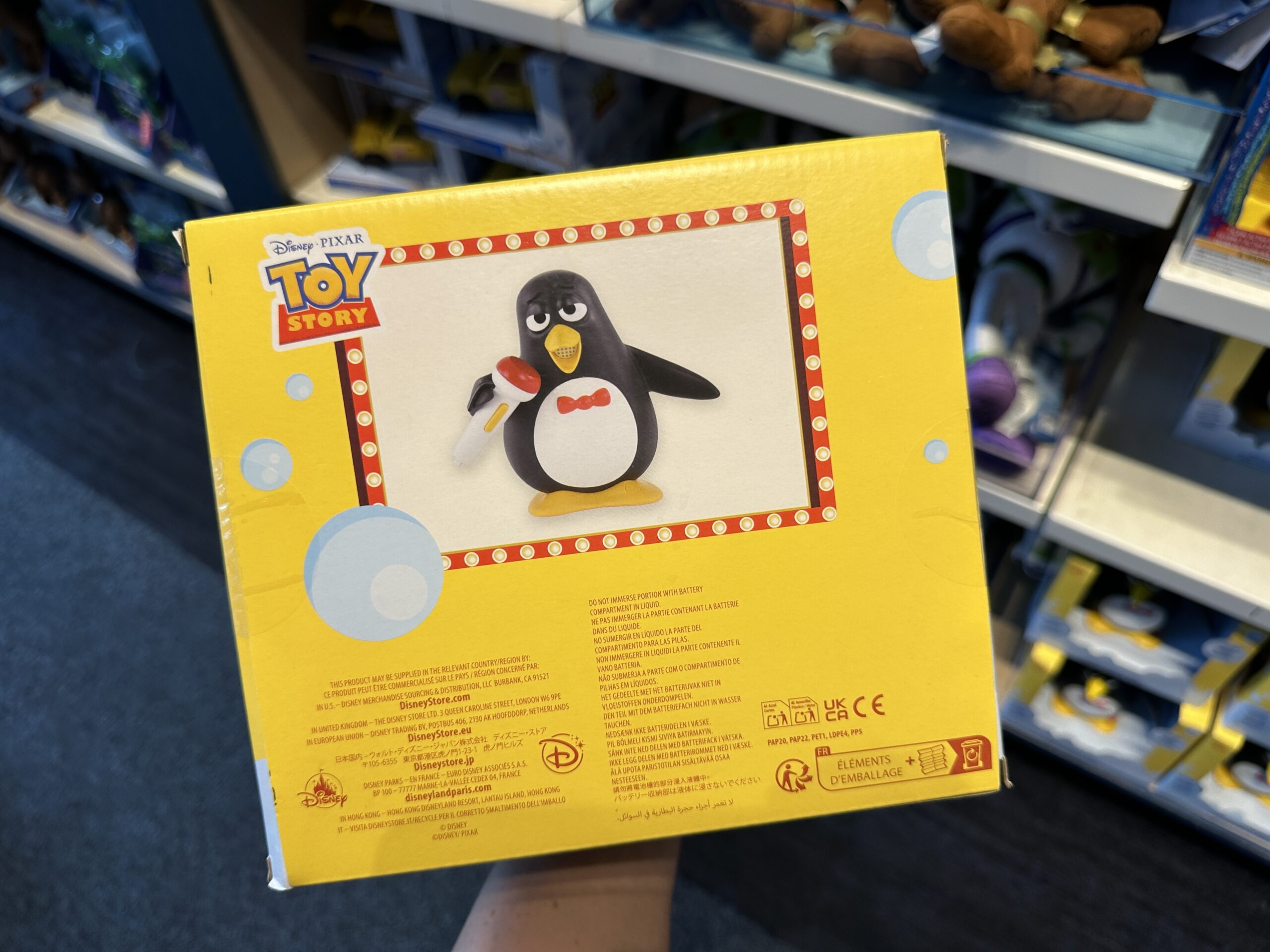 Straight out of Toy Story 2 is this figure of Wheezy the penguin. He makes a wheezing sound when squeezed and speaks when the button on his foot is pushed.