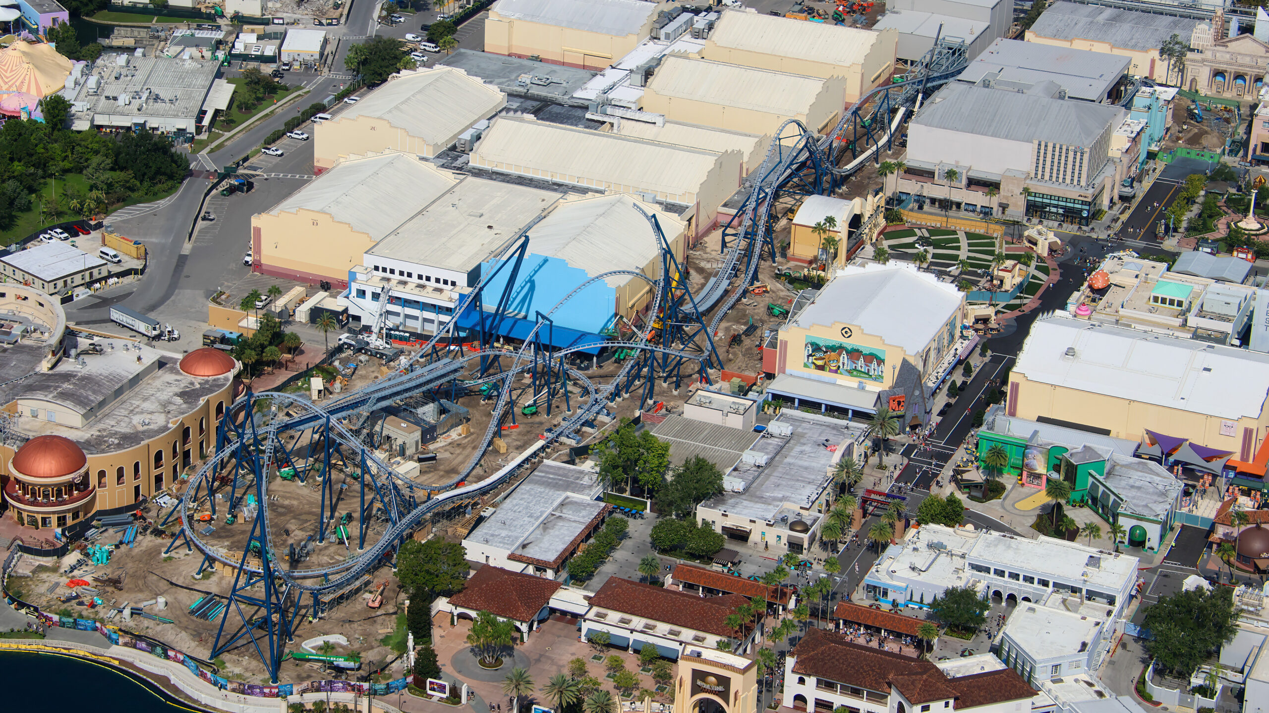 Aerial photographer bioreconstruct shared new views of the sprawling construction site, offering some of the clearest looks yet at the attraction’s interconnected track, station, launch, and maintenance areas.