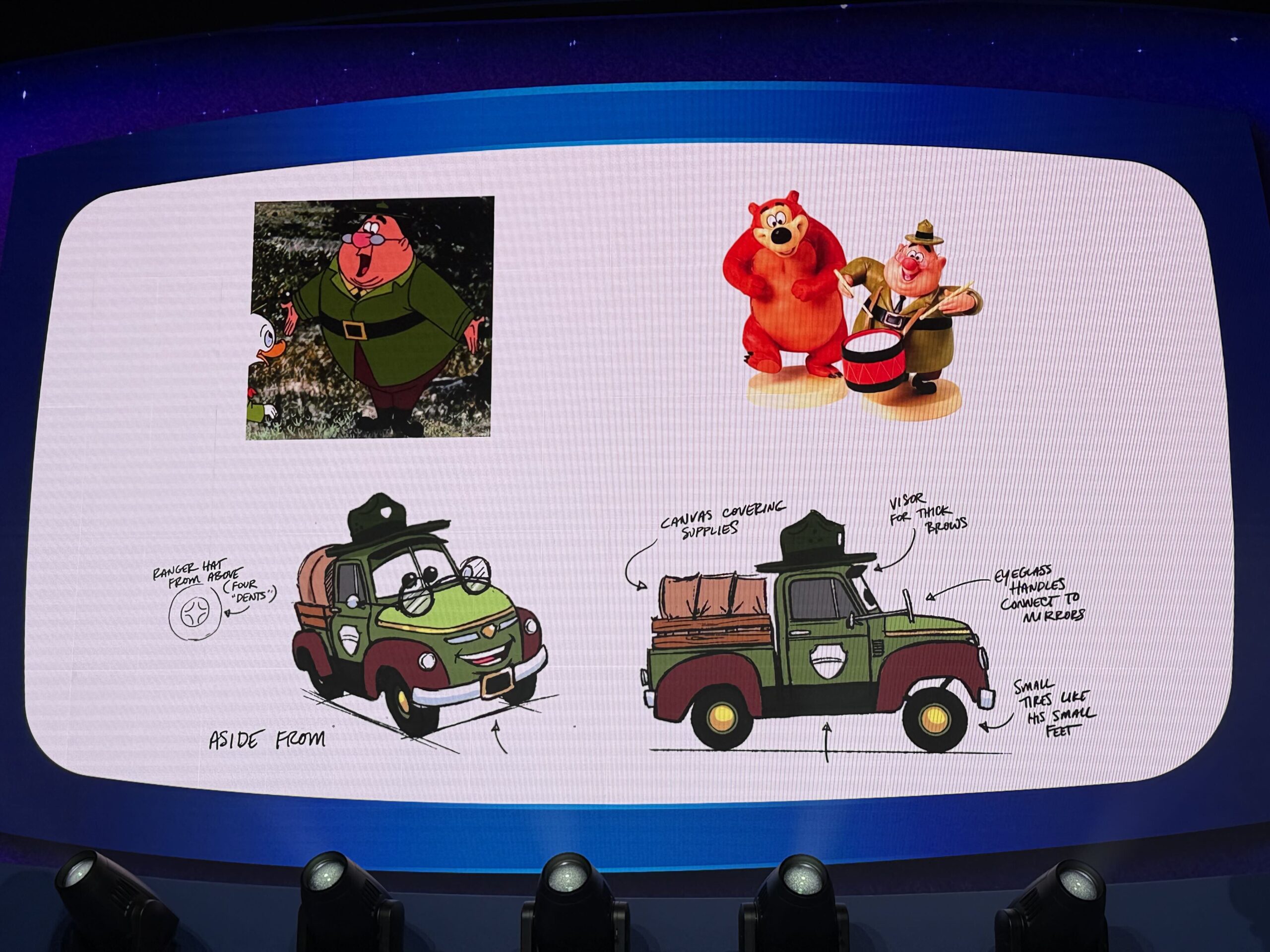 Walt Disney Imagineering shared new concept art, early production sketches, creative guidelines, and other behind-the-scenes material for Piston Peak National Park during a presentation on the D23 expo floor.