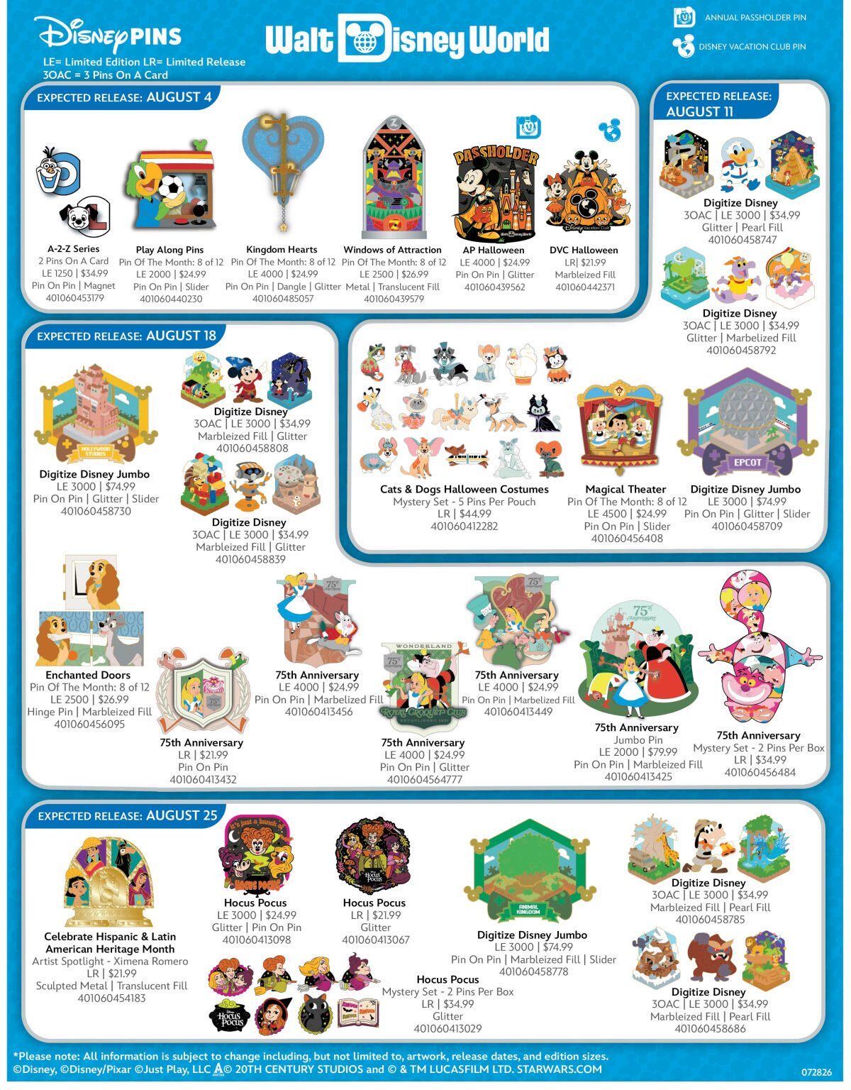 Walt Disney World has released their list of August 2026 pin releases, including the Passholder and Disney Vacation Club Halloween pins, Hocus Pocus pins, more Digitize Disney, and Alice in Wonderland 75th anniversary designs.