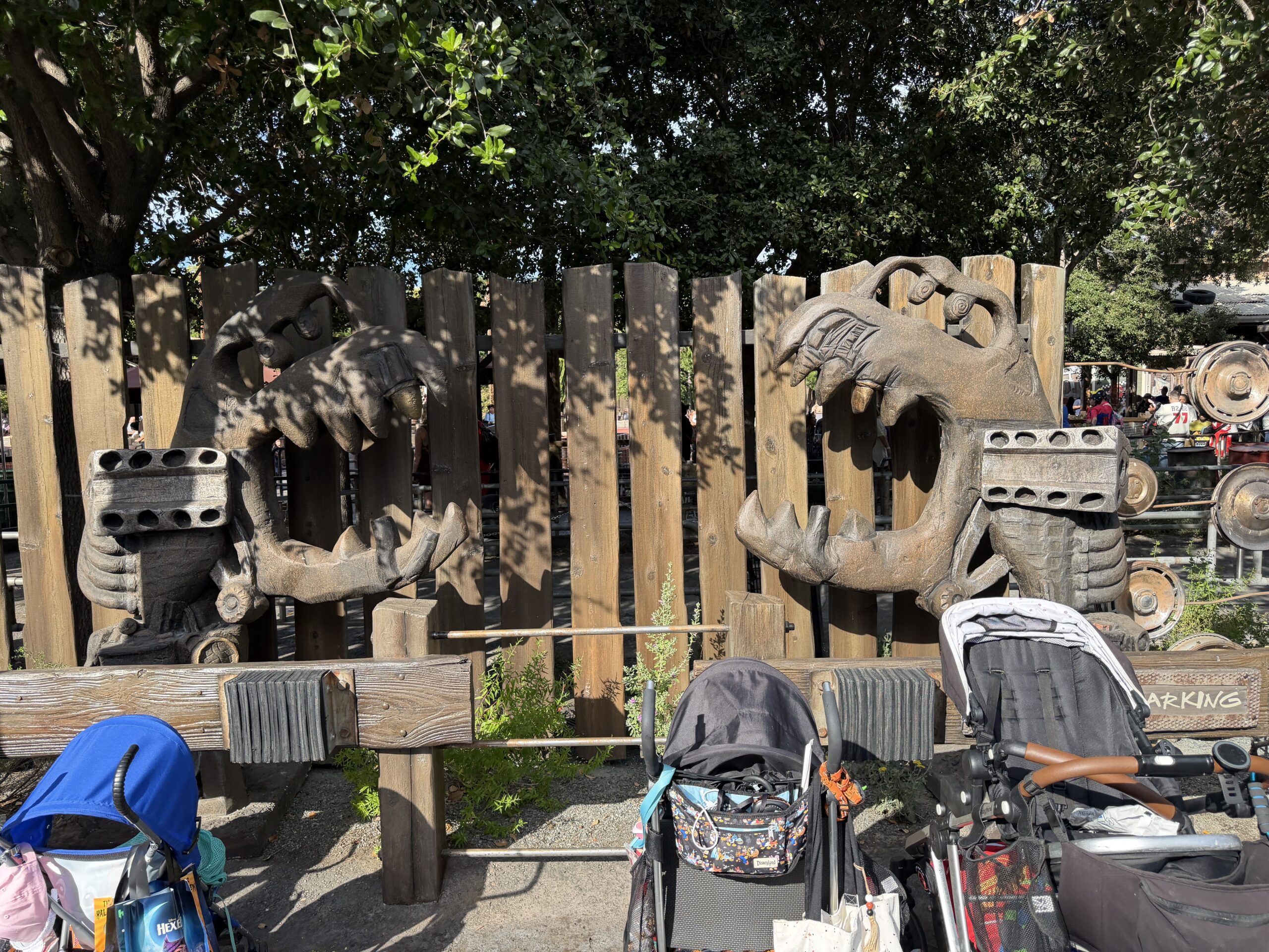 The stroller parking fence in front of the attraction now features skeleton-like "monster" trucks with their grills open wide and engines bare.
