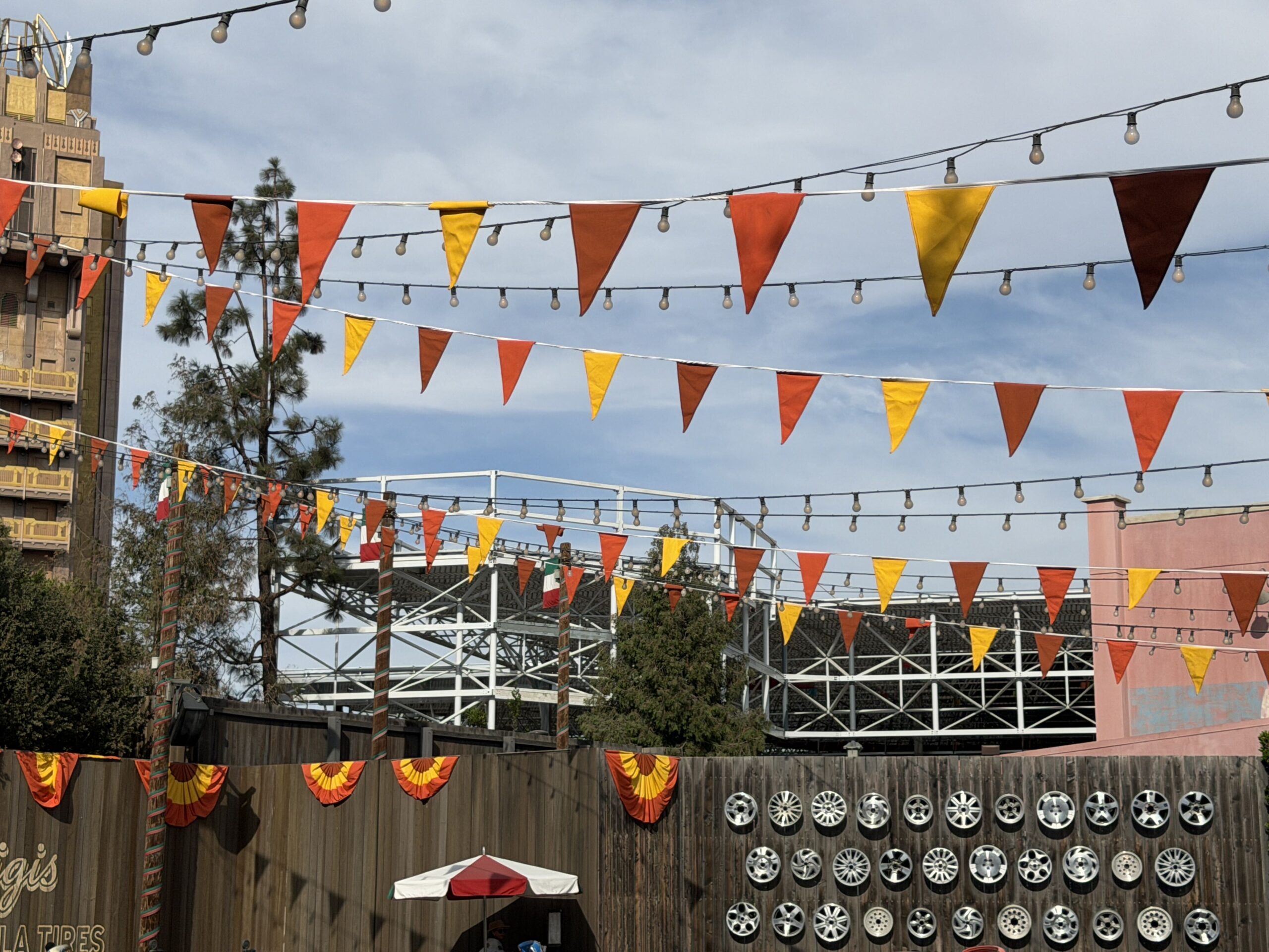 Halloween-colored bunting hangs from poles and decorates fences throughout the land.