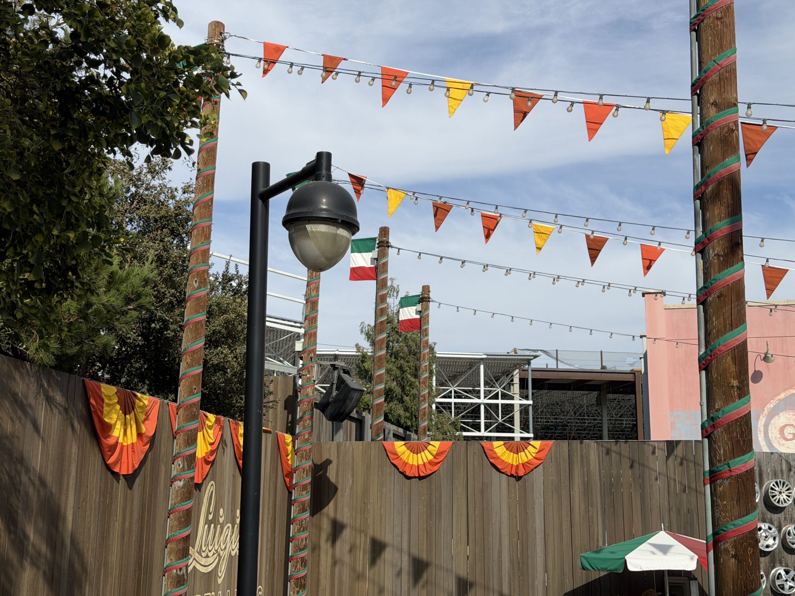 Halloween-colored bunting hangs from poles and decorates fences throughout the land.