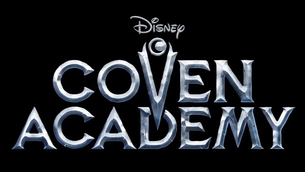 Coven Academy logo with the V extending into the D of Academy and capped with a crescent moon icon.