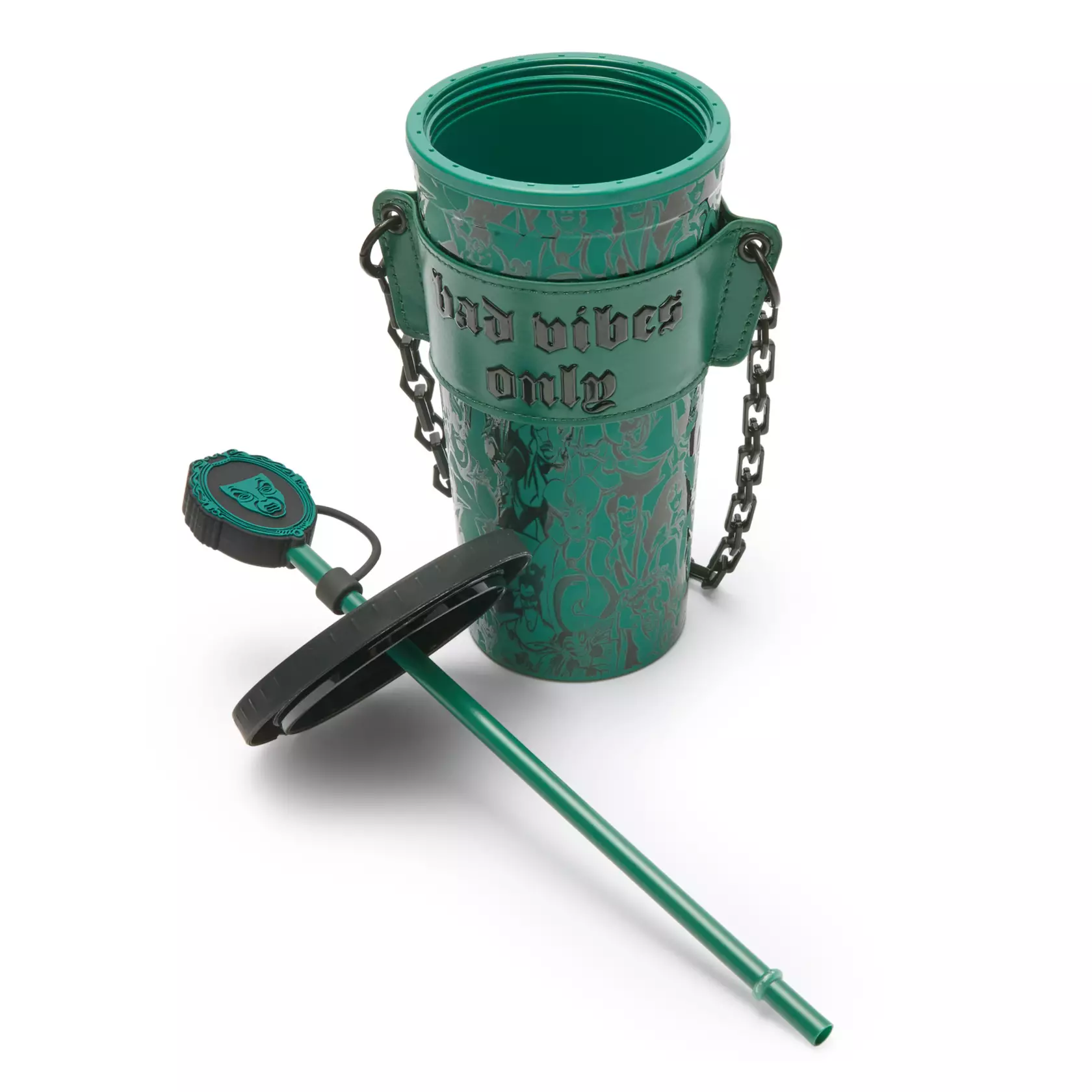 "Bad vibes only" with this Disney Store-exclusive 19 oz tumbler. It's double walled with a twist-tight lid and straw. The exterior is green with black screen art of the Evil Queen, Maleficent, Lady Tremaine, Queen of Hearts, Captain Hook, Cruella De Vil, Ursula, Gaston, Jafar, Hades, Yzma, Mother Gothel, Dr. Facilier, Shere Kahn, Kaa, Scar, Edgar, Prince John, Sheriff of Nottingham, Ratigan, and more.
