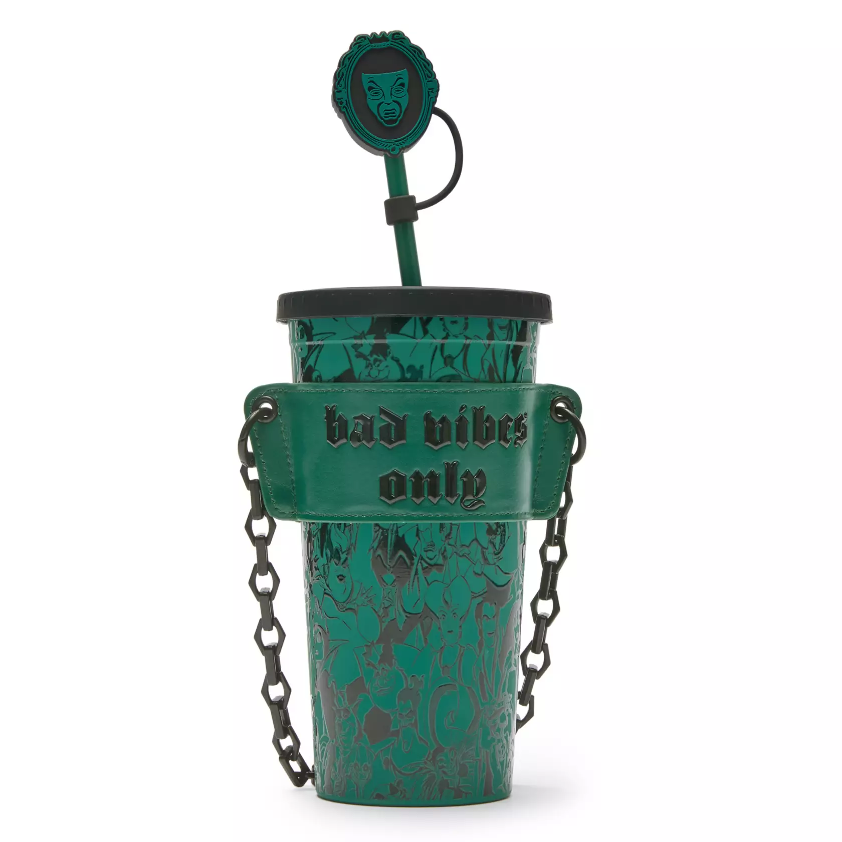 "Bad vibes only" with this Disney Store-exclusive 19 oz tumbler. It's double walled with a twist-tight lid and straw. The exterior is green with black screen art of the Evil Queen, Maleficent, Lady Tremaine, Queen of Hearts, Captain Hook, Cruella De Vil, Ursula, Gaston, Jafar, Hades, Yzma, Mother Gothel, Dr. Facilier, Shere Kahn, Kaa, Scar, Edgar, Prince John, Sheriff of Nottingham, Ratigan, and more.