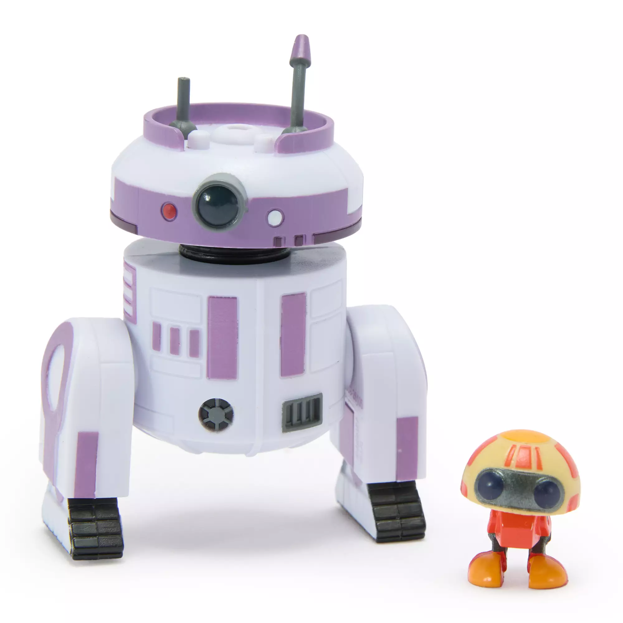 This set of two figures are based on droids from the Star Wars television series, Young Jedi Adventures. R0-M1, a purple-and-white astromech also known as Romi or Ro, worked frequently with Jedi Padawan Wes Vinik. The orange-and-yellow RJ-83, known simply as RJ, was the droid companion of Nash Durango.