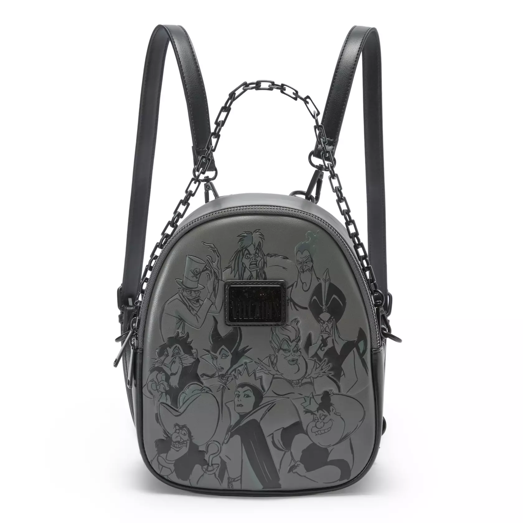 This gray faux leather backpack has black straps and trim plus a detachable chain handle. Screen art on the front includes the Evil Queen, Maleficent, Captain Hook, Cruella De Vil, Ursula, Jafar, Scar, Hades, Doctor Facilier, and the Queen of Hearts. Printed flames are on the sides.